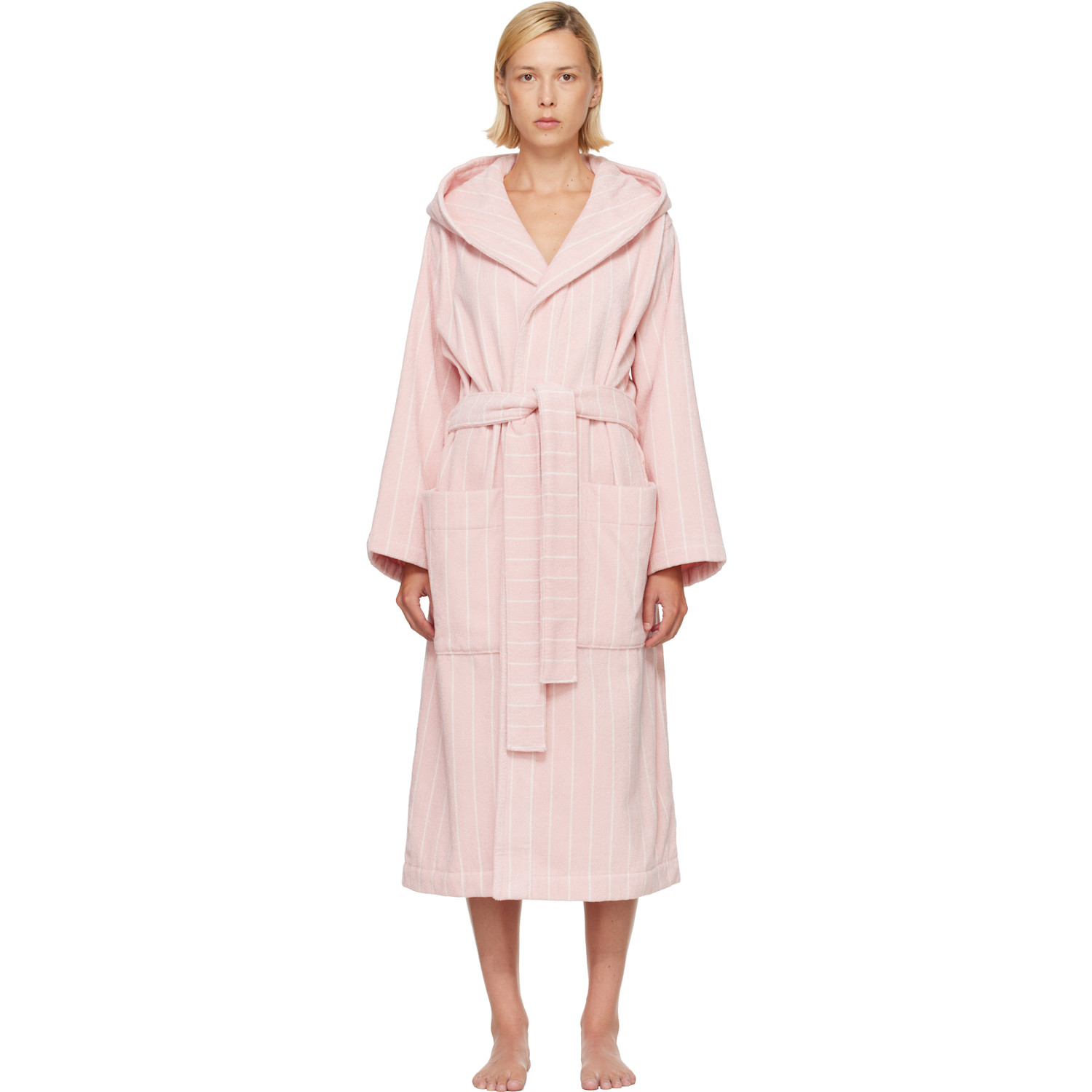 Tekla Pink & White Terry Hooded Bathrobe
