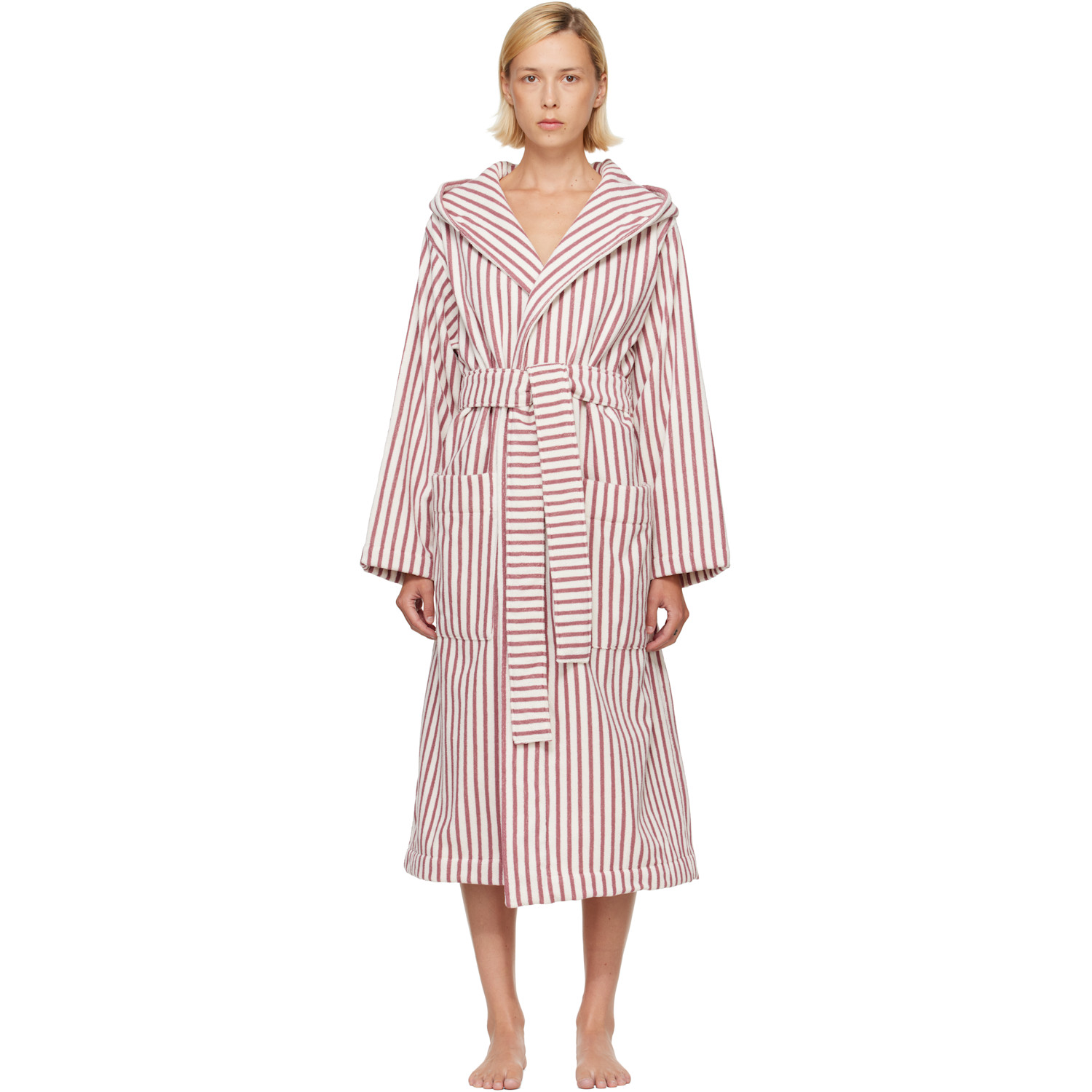 Tekla White & Pink Terry Hooded Bathrobe