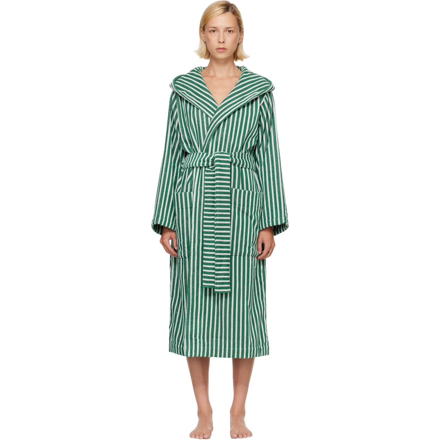 Tekla Green & White Terry Hooded Bathrobe