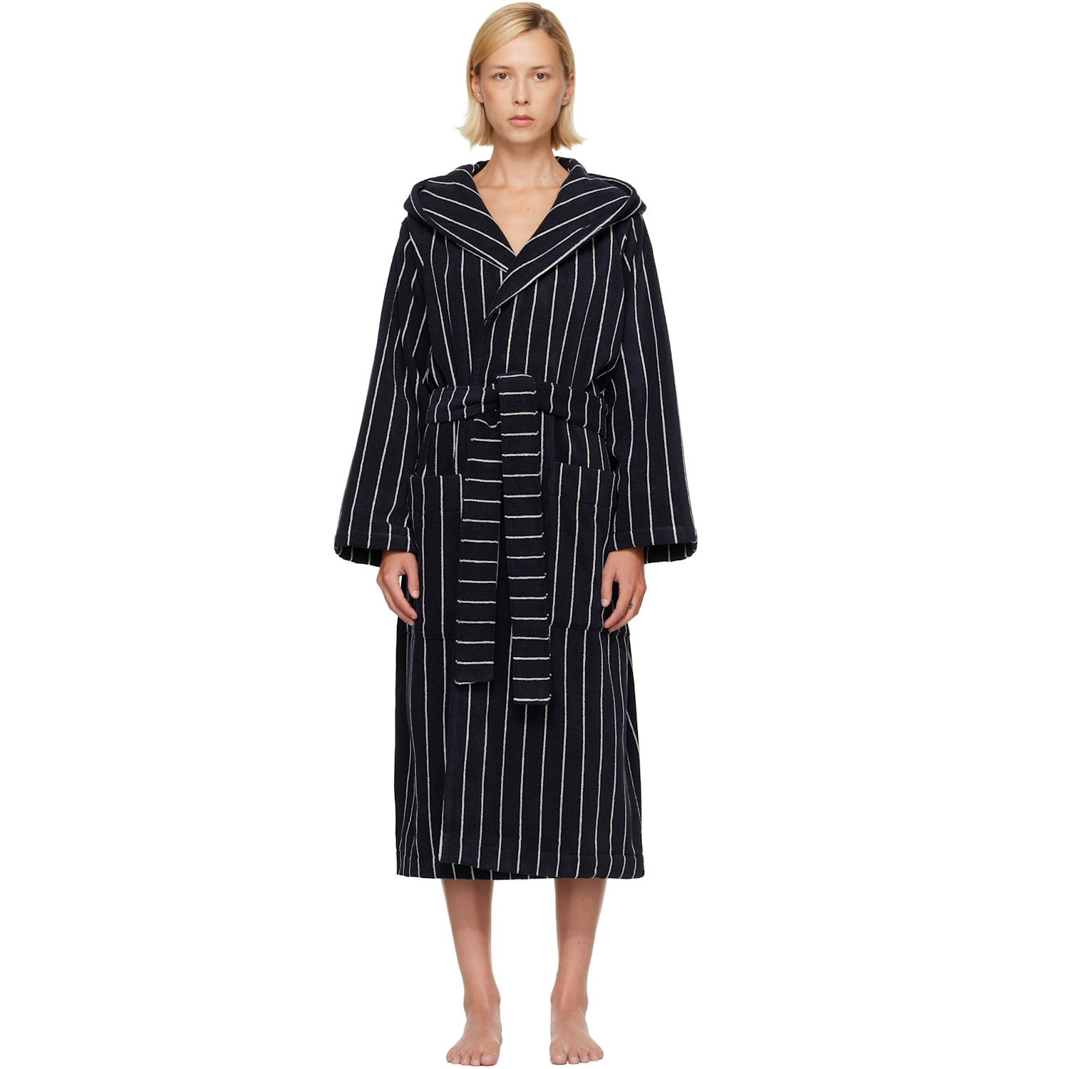 Tekla Black & White Terry Hooded Bathrobe