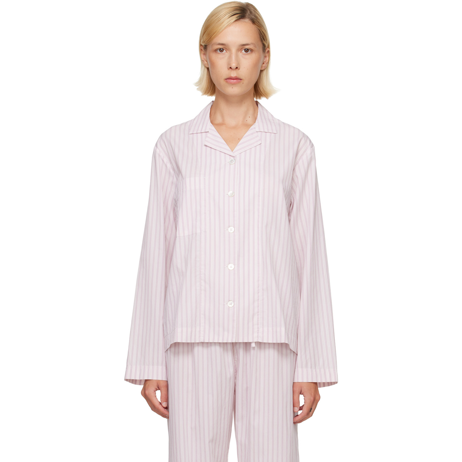 Tekla Pink Fine Twill Long-sleeved Pyjama Shirt In Hessel Stripes