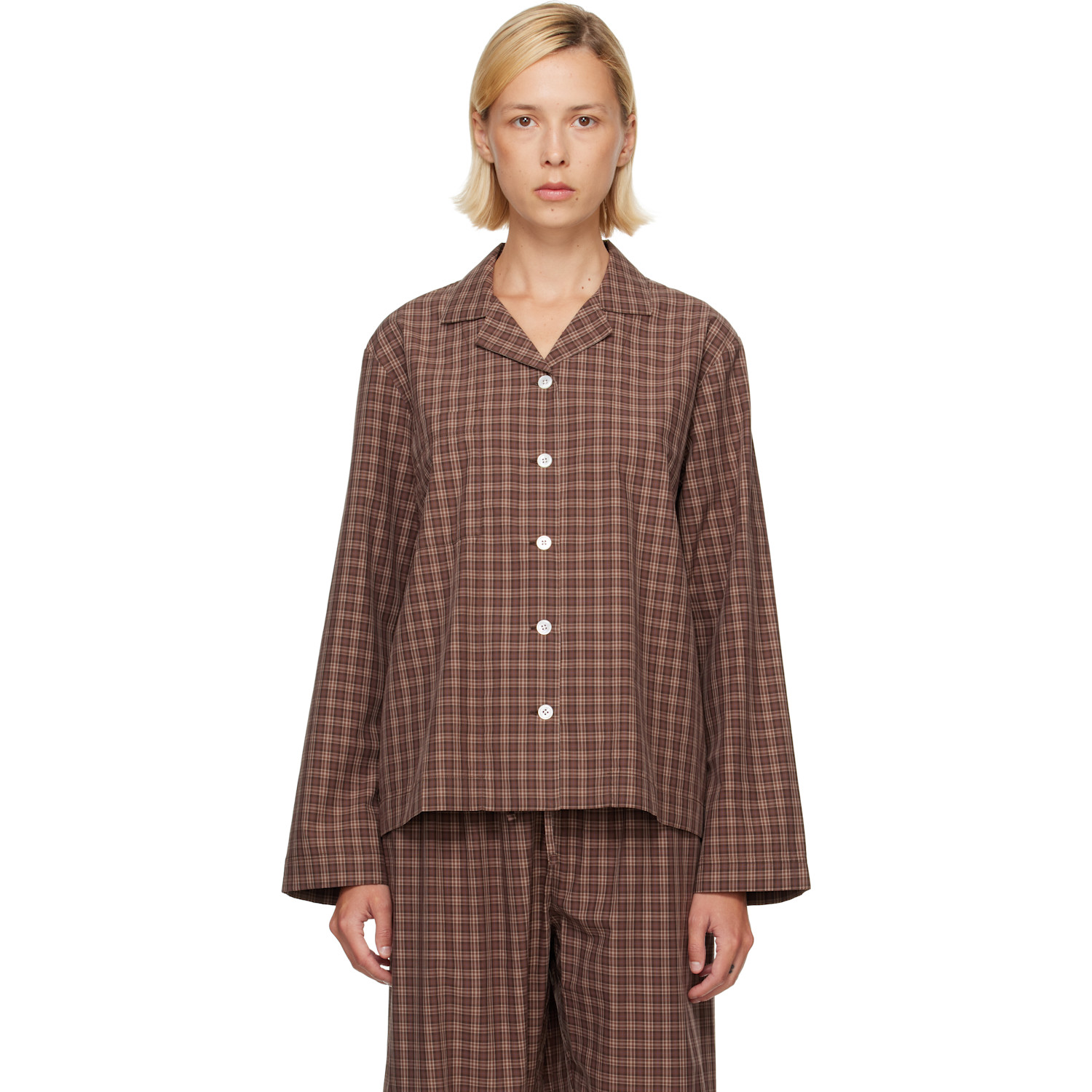 Tekla Brown Fine Twill Long-sleeved Pyjama Shirt In Serra Checks