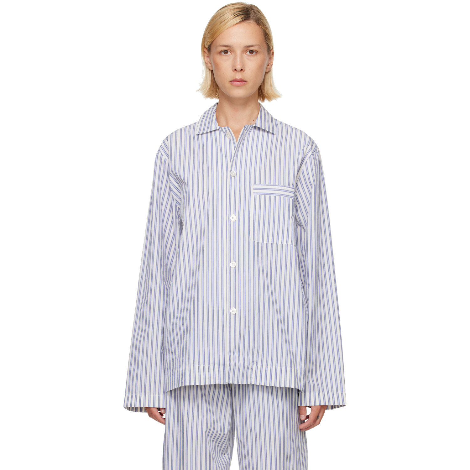 Tekla Blue & White Poplin Long-sleeved Pyjama Shirt In Skagen Stripes
