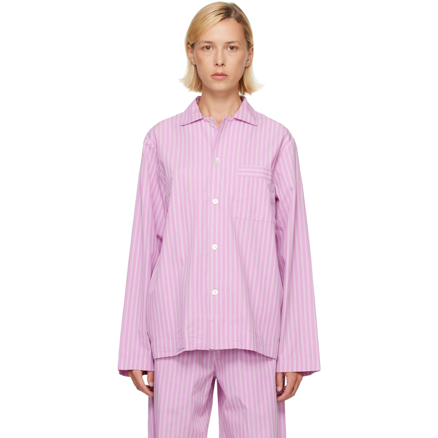 Tekla Pink Poplin Long-sleeved Pyjama Shirt In Purple Pink Stripes