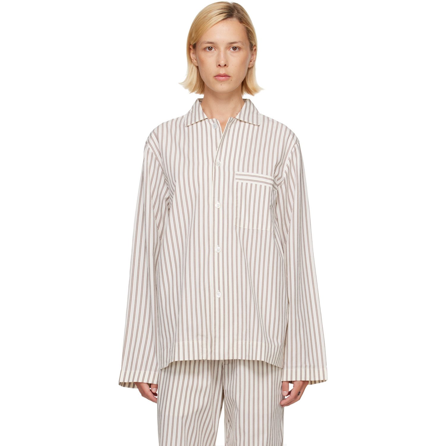 Tekla Off-white & Brown Poplin Long-sleeved Pyjama Shirt In Hopper Stripes
