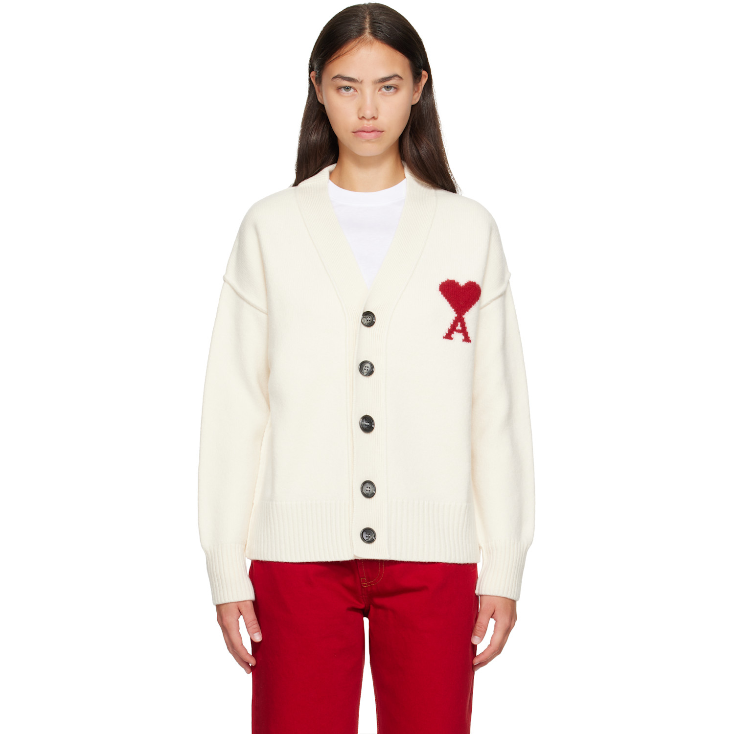 AMI Paris Off-White Wool Ami de Coeur Cardigan