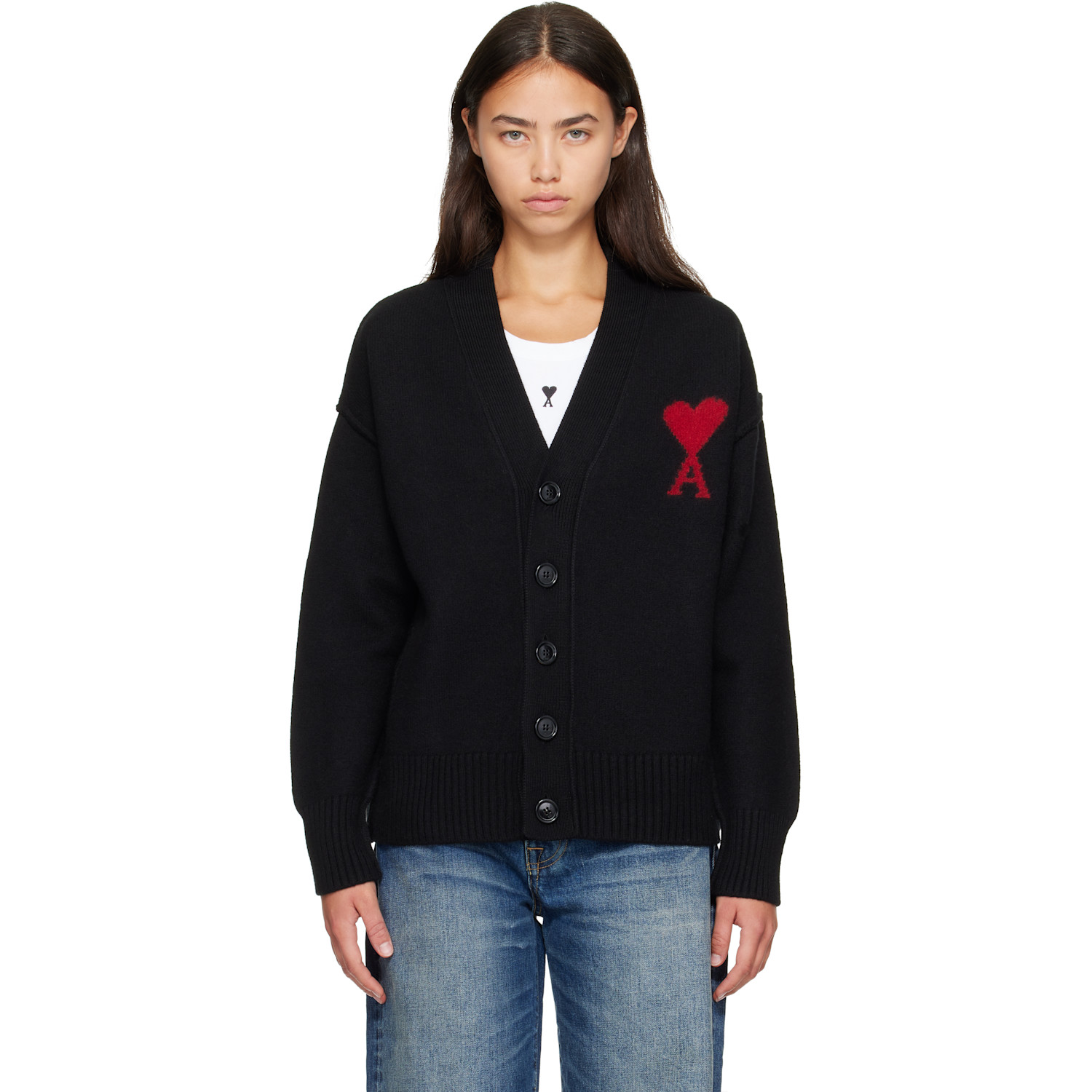 AMI Paris Black Wool Ami de Coeur Cardigan