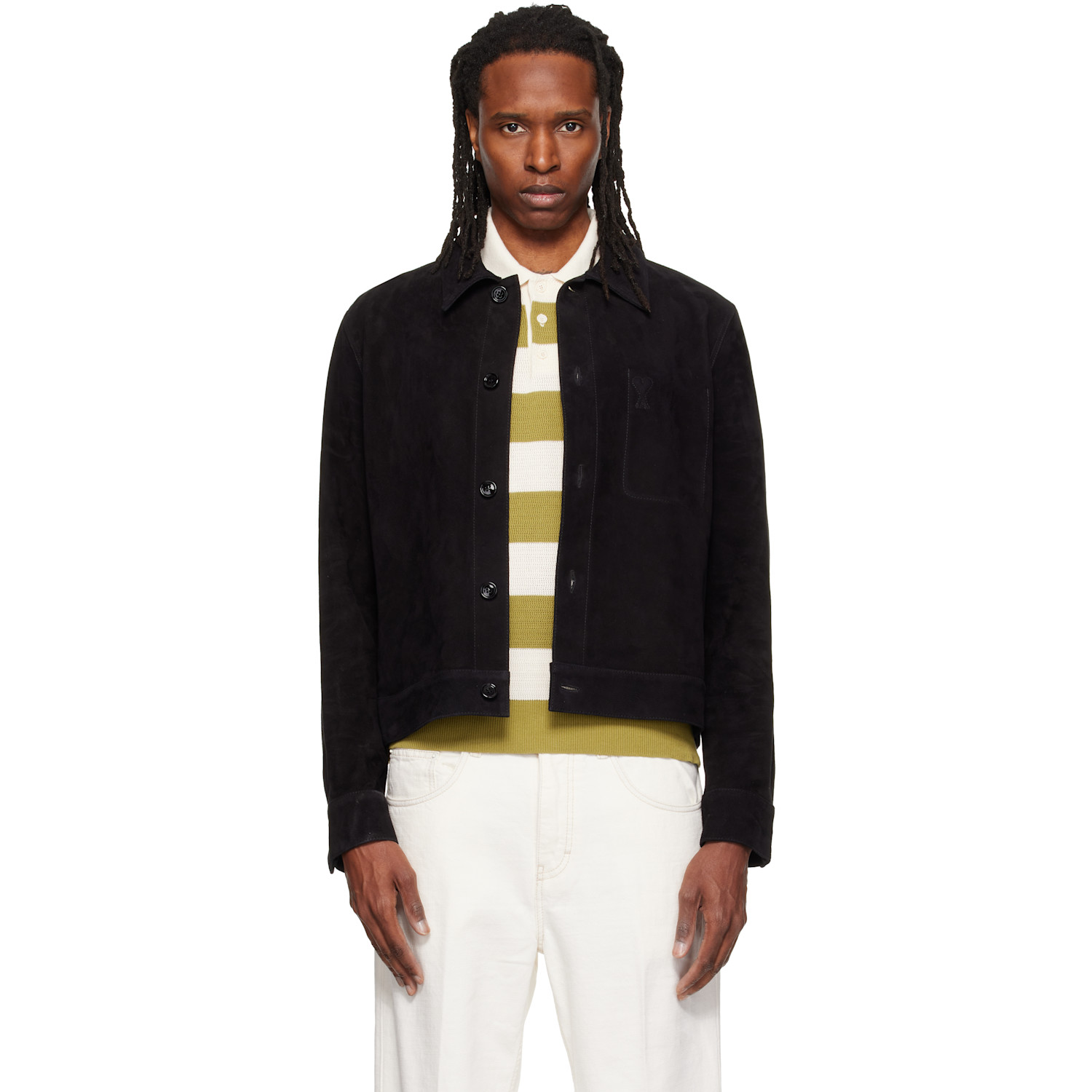 AMI Paris Black Embossed Ami de Coeur Suede Leather Jacket