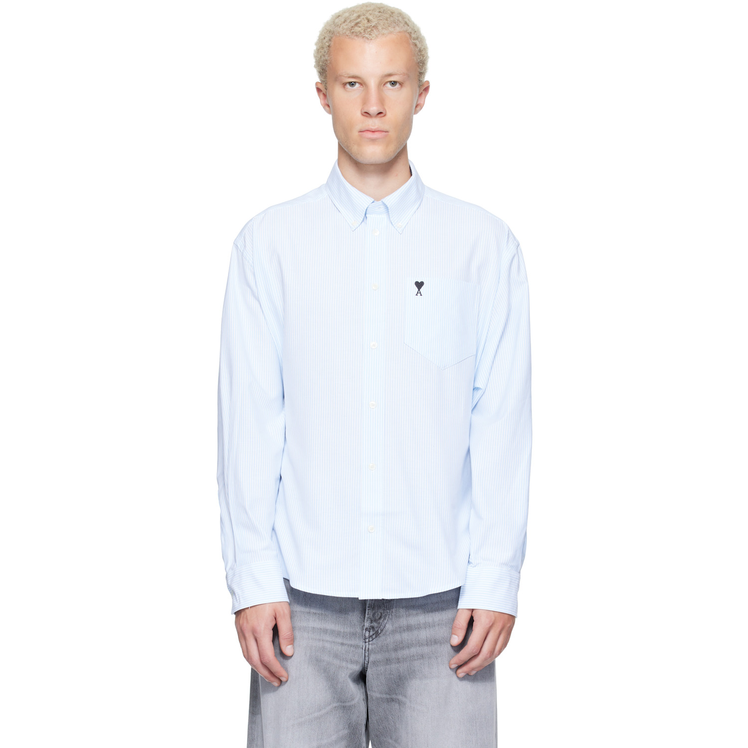 AMI Paris White & Blue Boxy Cotton Ami de Coeur Shirt