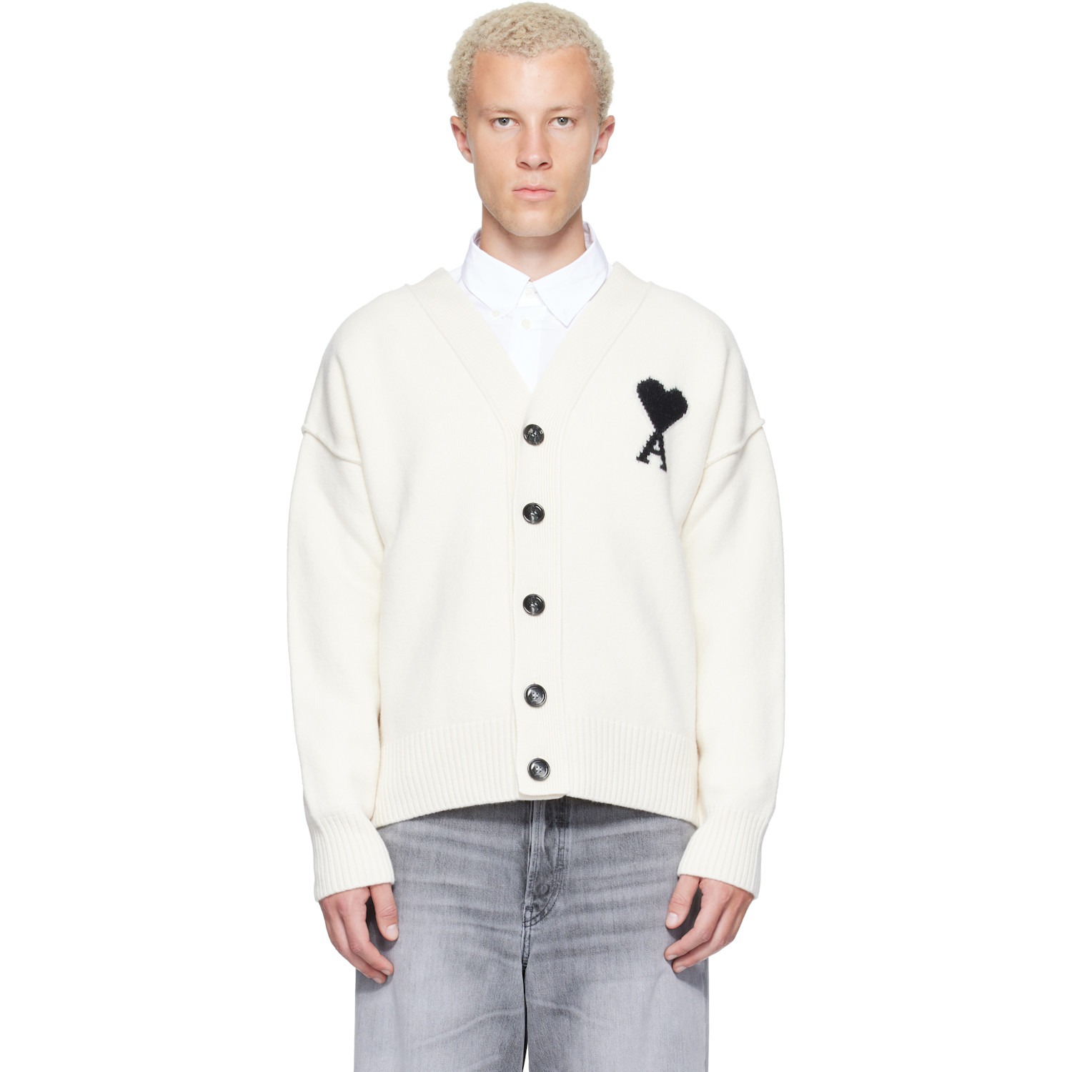 AMI Paris Off-White Wool Ami de Coeur Cardigan