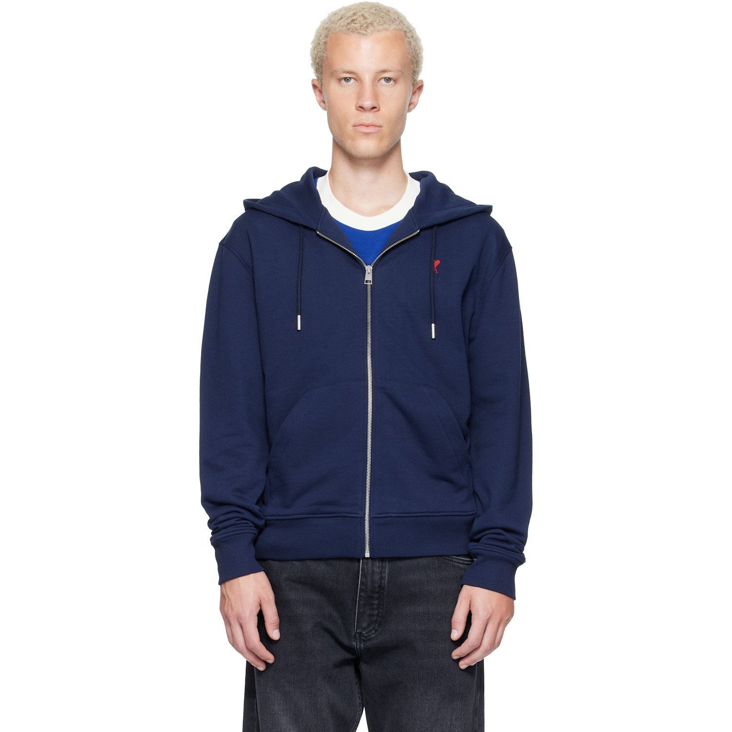 AMI Paris Navy Zipped Cotton Ami de Coeur Hoodie