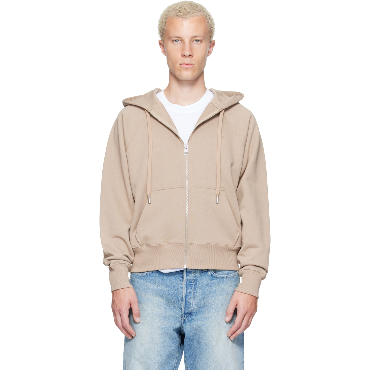 AMI Paris Beige Zipped Cotton Embossed Ami de Coeur Hoodie