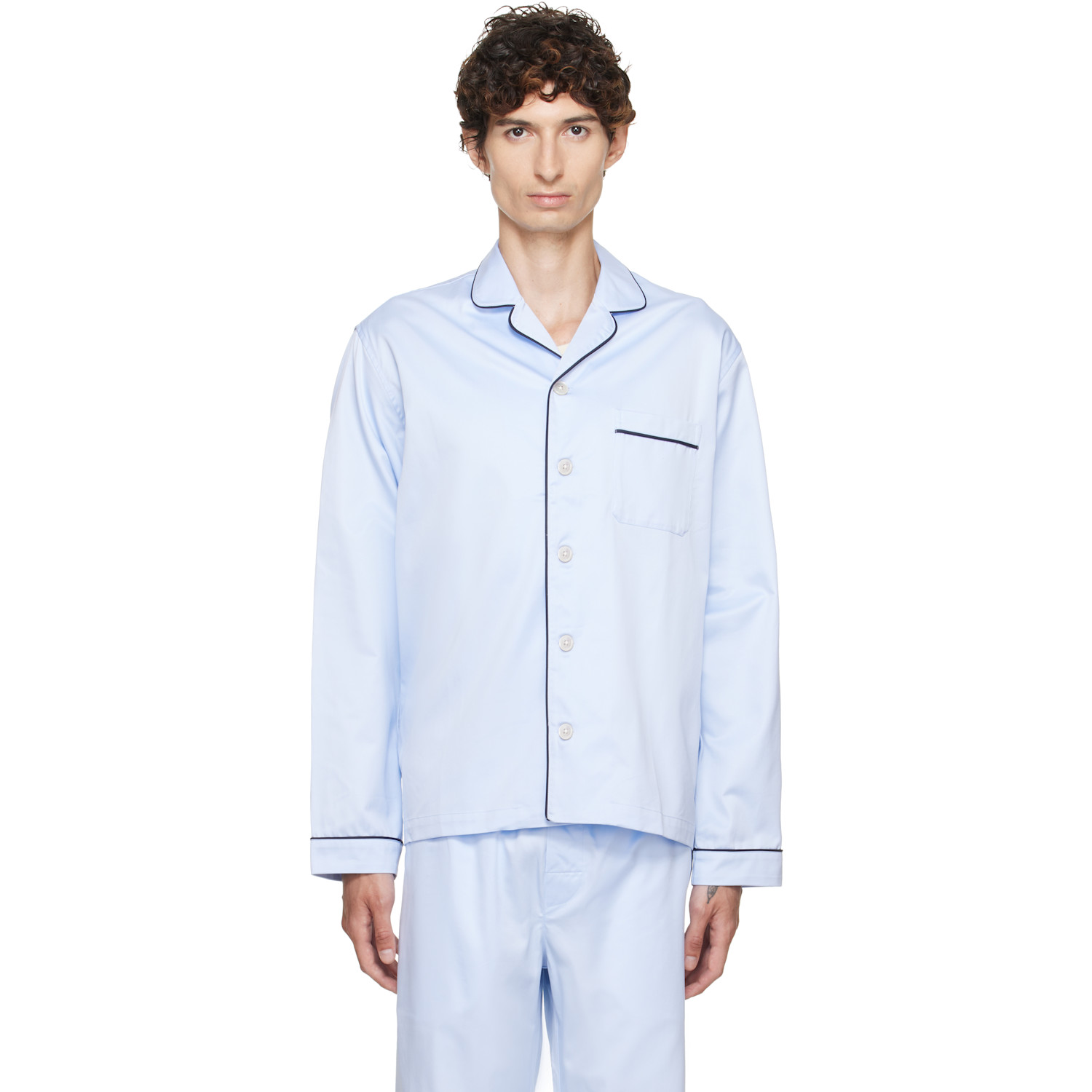 Tekla Blue Sateen Long-Sleeved Pyjama Shirt