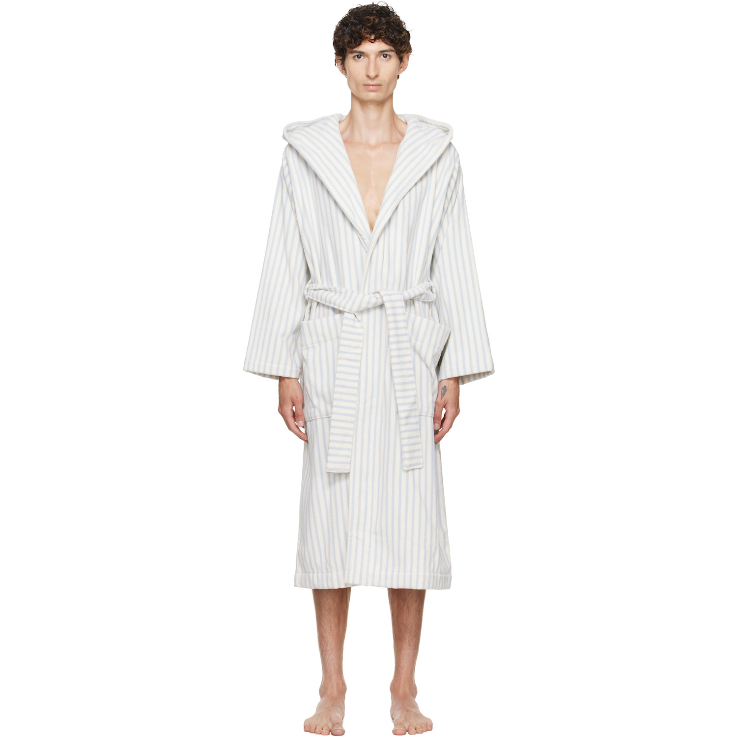 Tekla White & Blue Terry Hooded Bathrobe