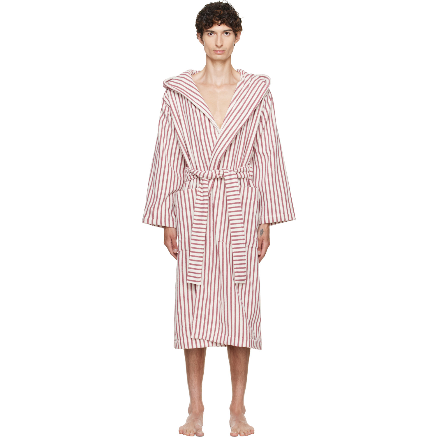 Tekla Pink & Off-White Terry Hooded Bathrobe