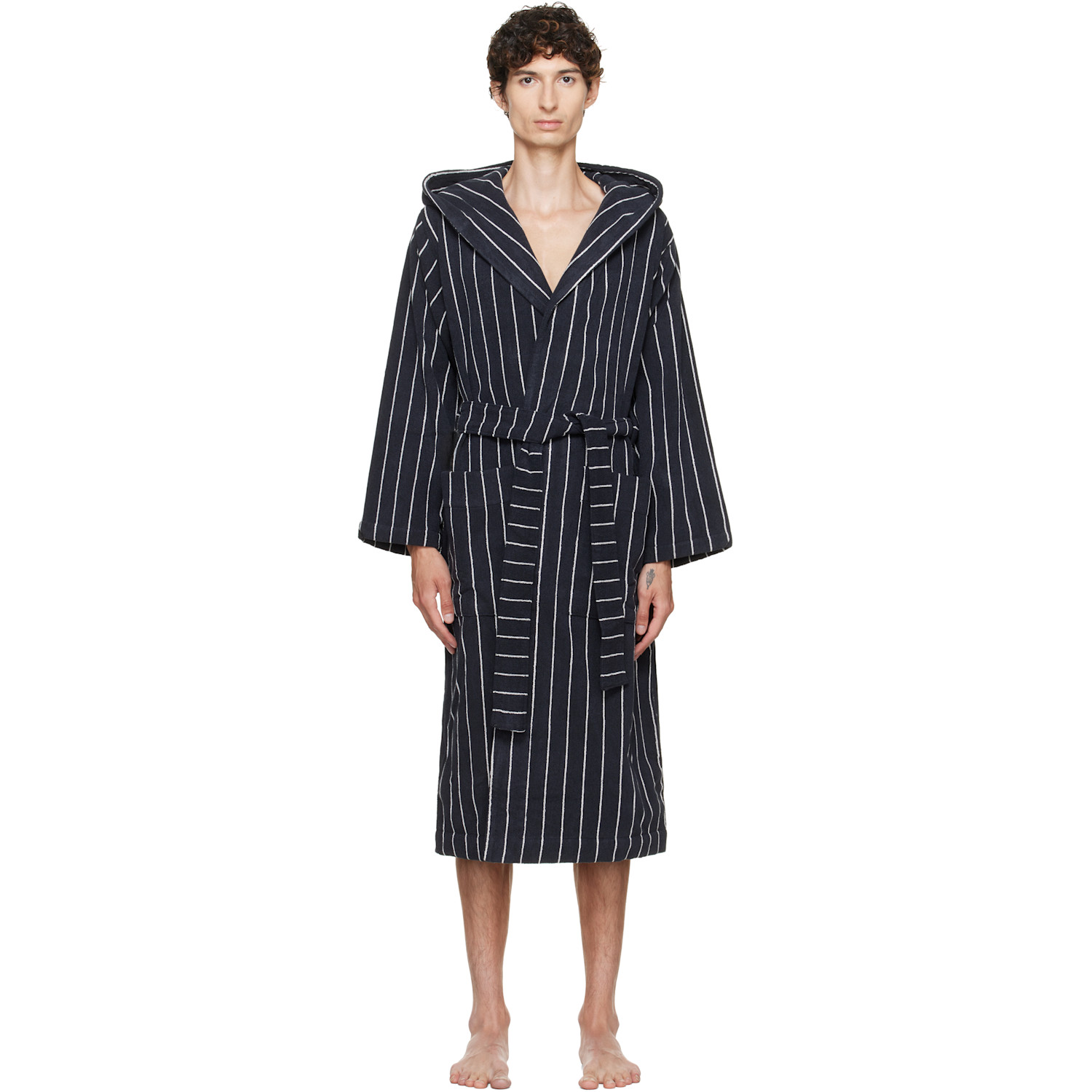 Tekla Black & White Terry Hooded Bathrobe
