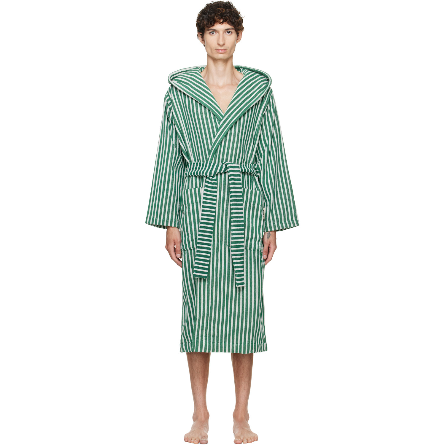 Tekla Green & White Terry Hooded Bathrobe