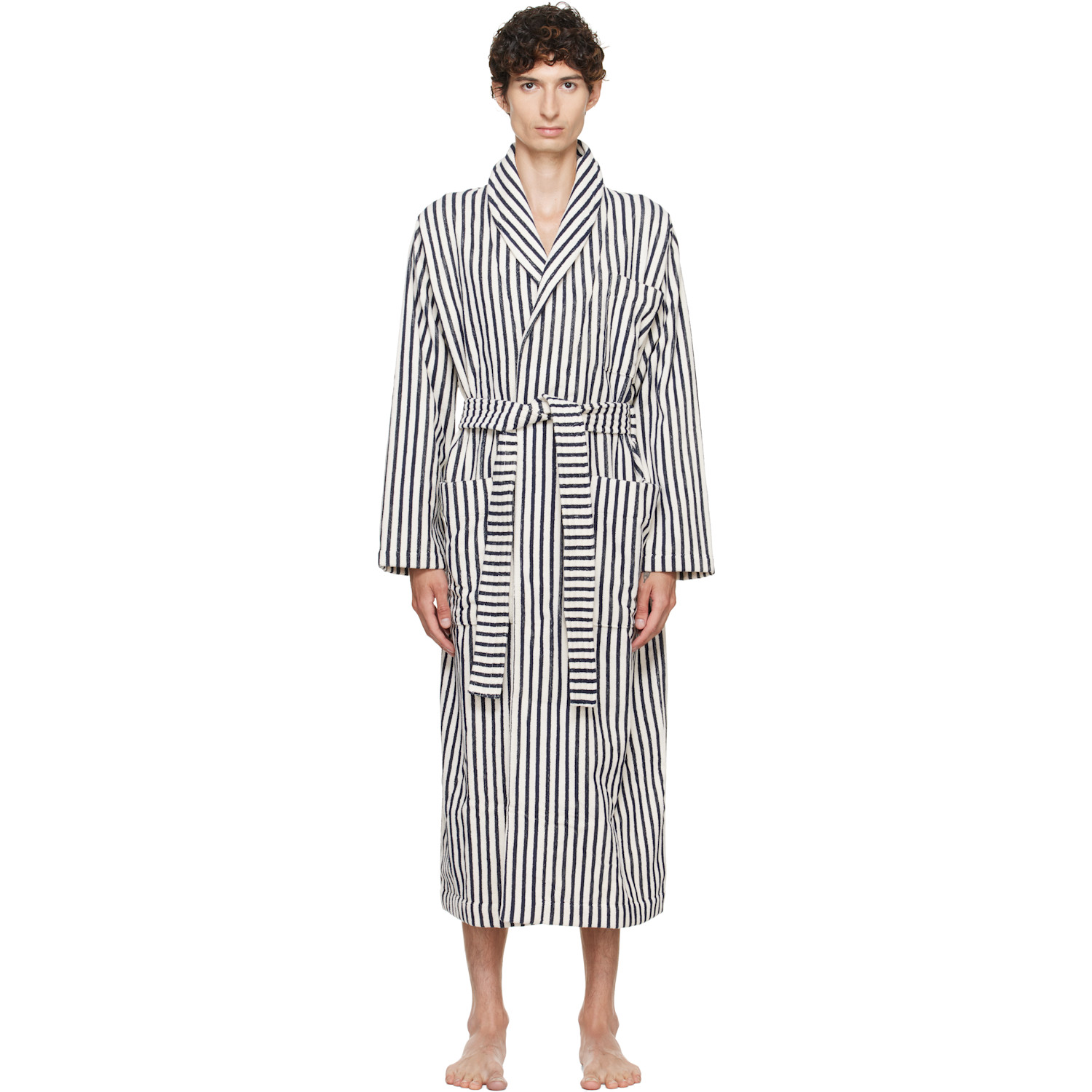 Tekla White & Navy Terry Classic Bathrobe