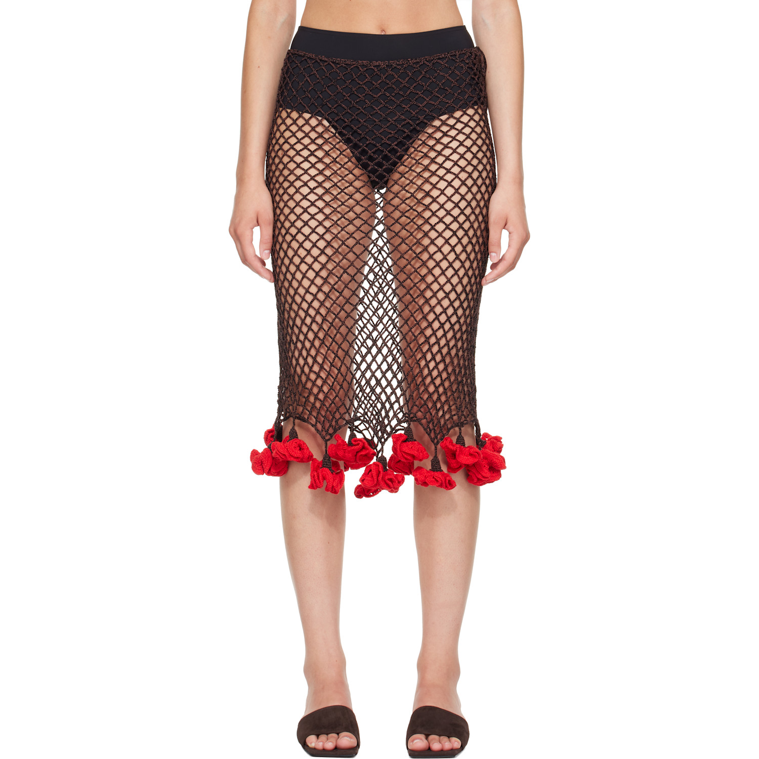 ALAÏA Brown Floral Crochet Midi Skirt