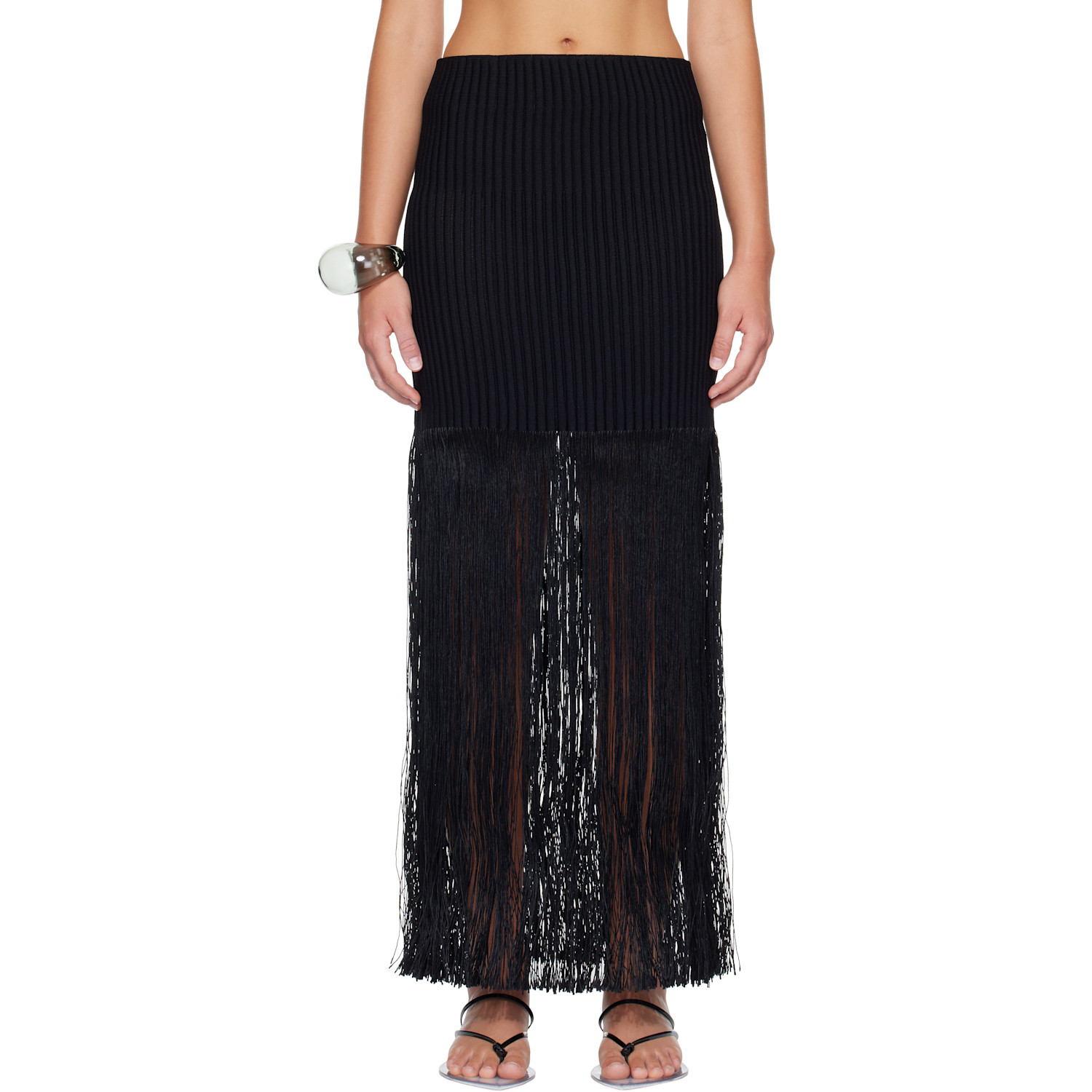 ALAÏA Black Fringed Tube Maxi Skirt