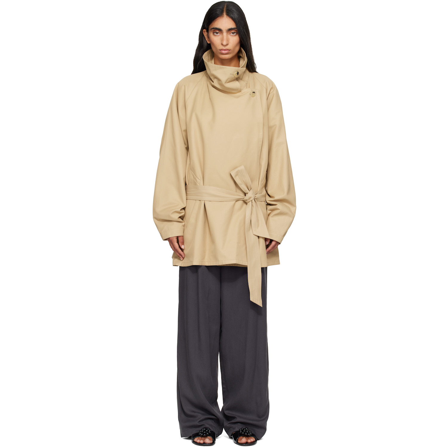 Le17septembre Beige Cotton Draped Funnel Neck Half Trench Coat