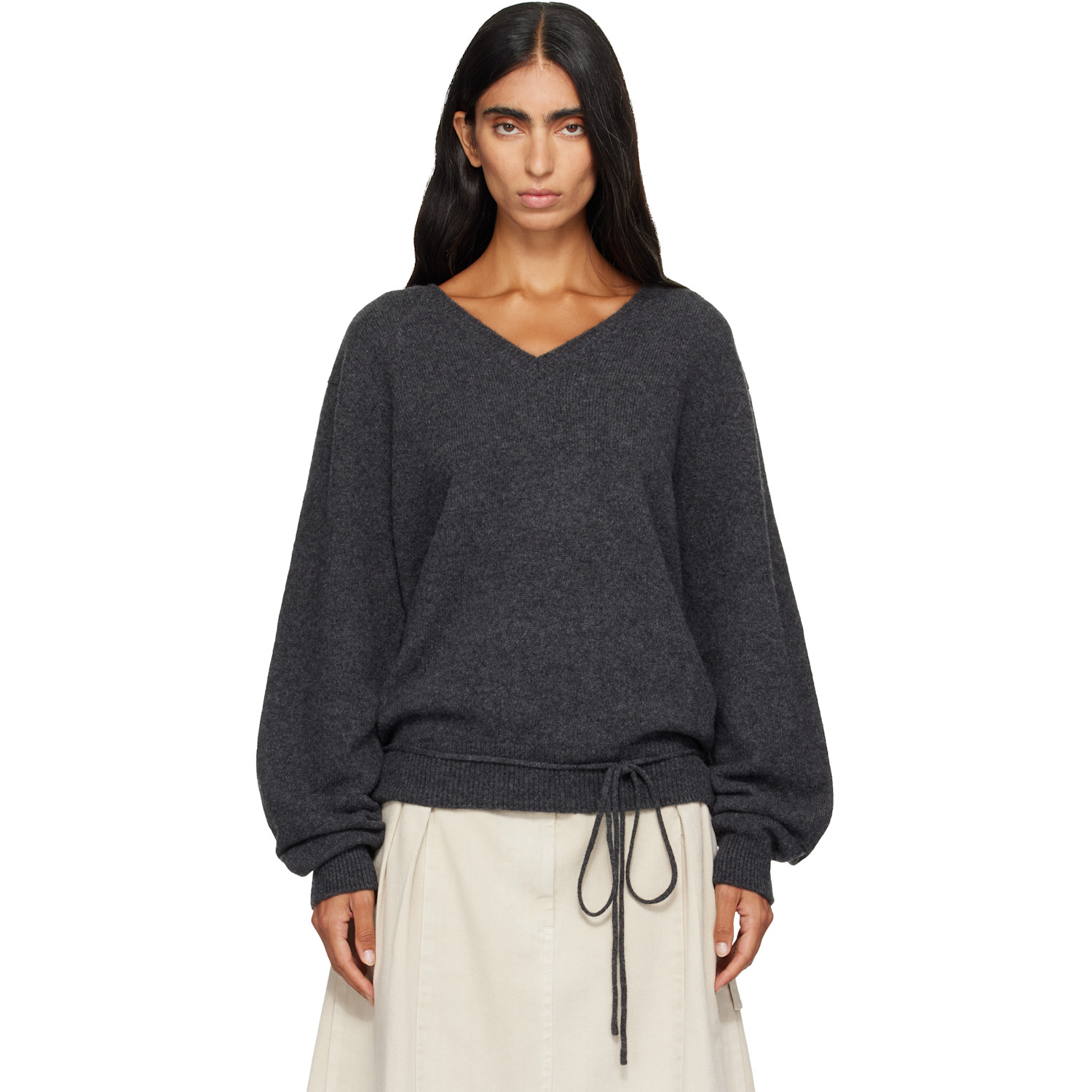 Le17septembre Gray Soft Alpaca Blend Tie V-neck Knit Sweater In Charcoal