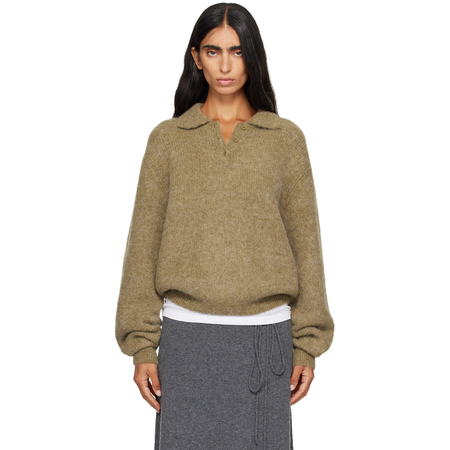 Le17septembre Khaki Textured Alpaca Collar Knit Polo In Light Khaki