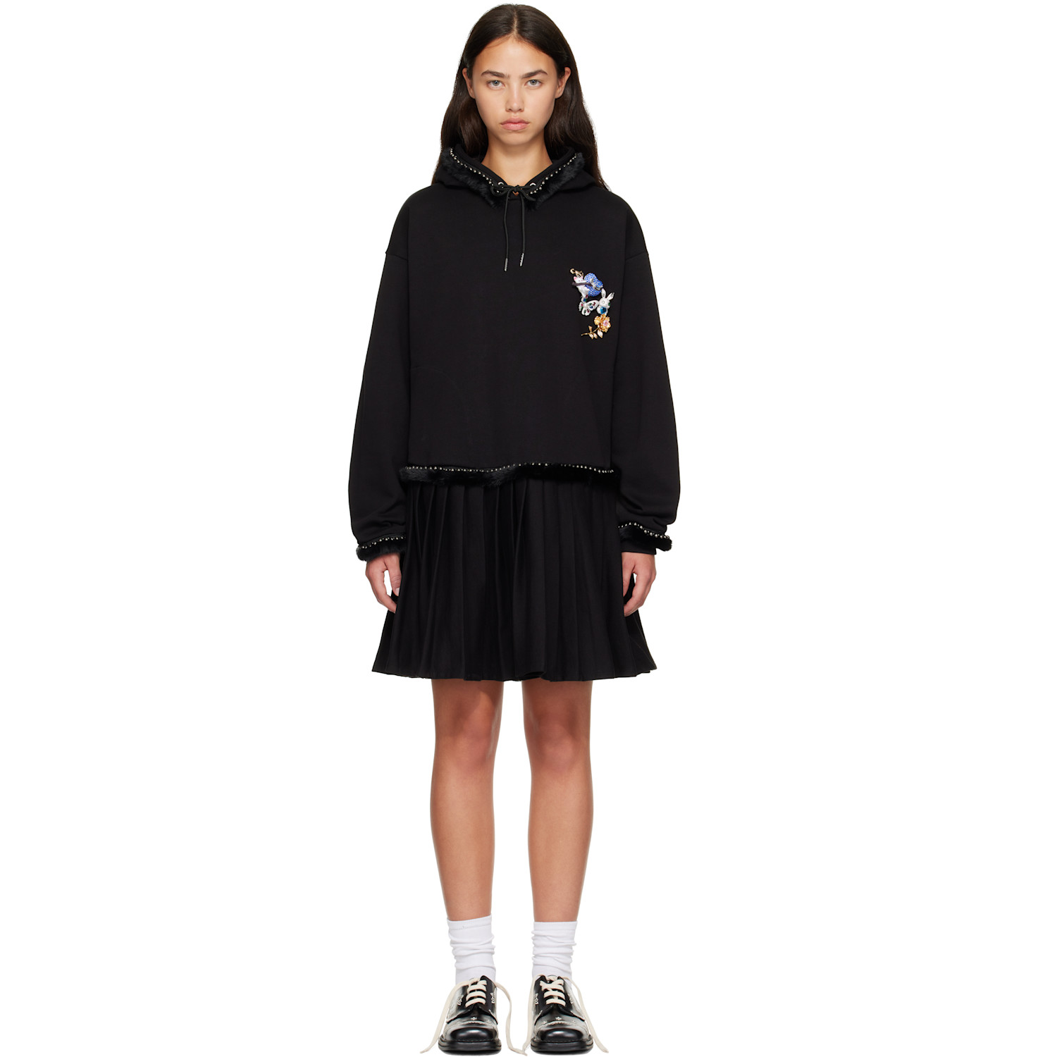 Chopova Lowena Black Fuzzy Pearl Hoodie Minidress