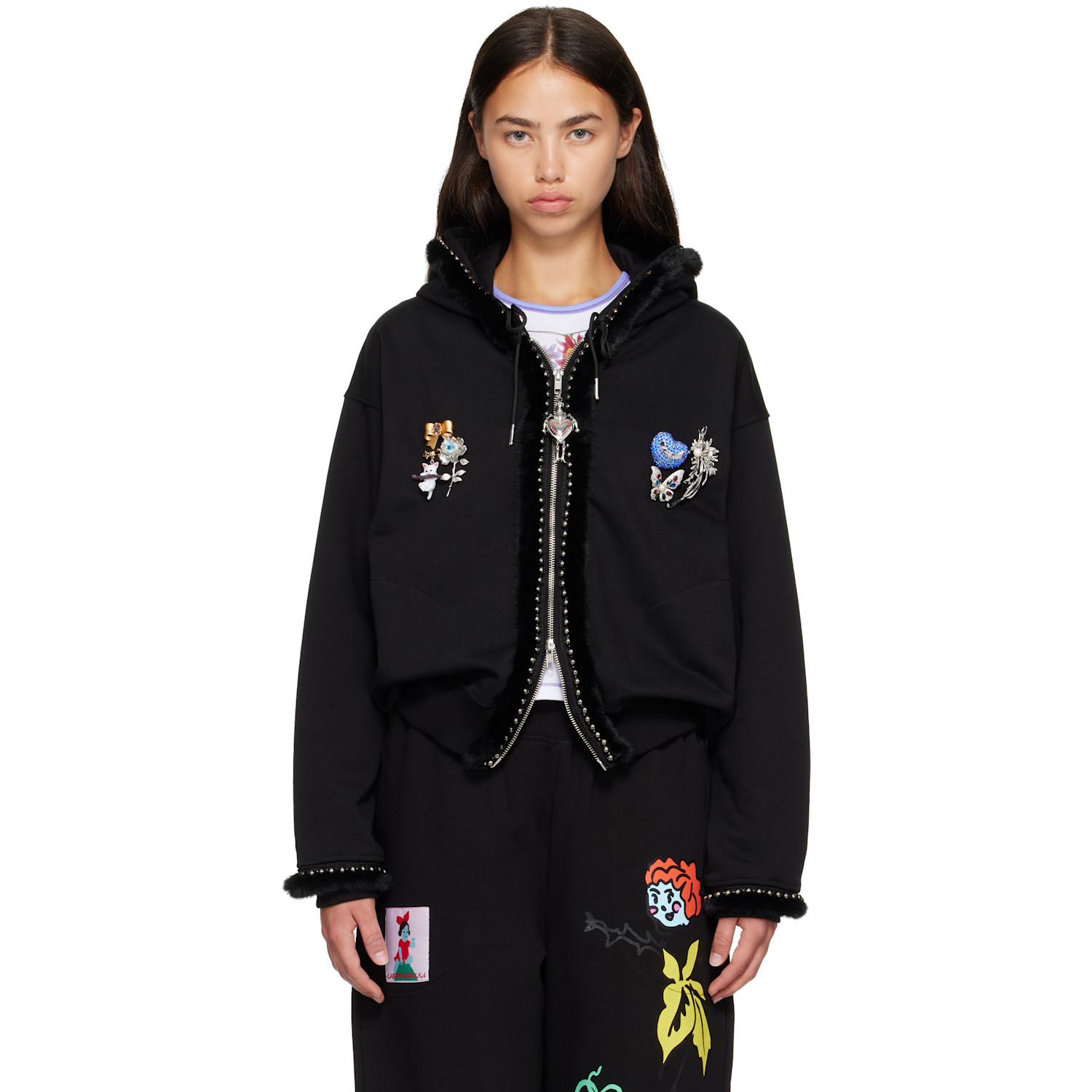 Chopova Lowena Black Fuzzy Pearl Zip Hoodie