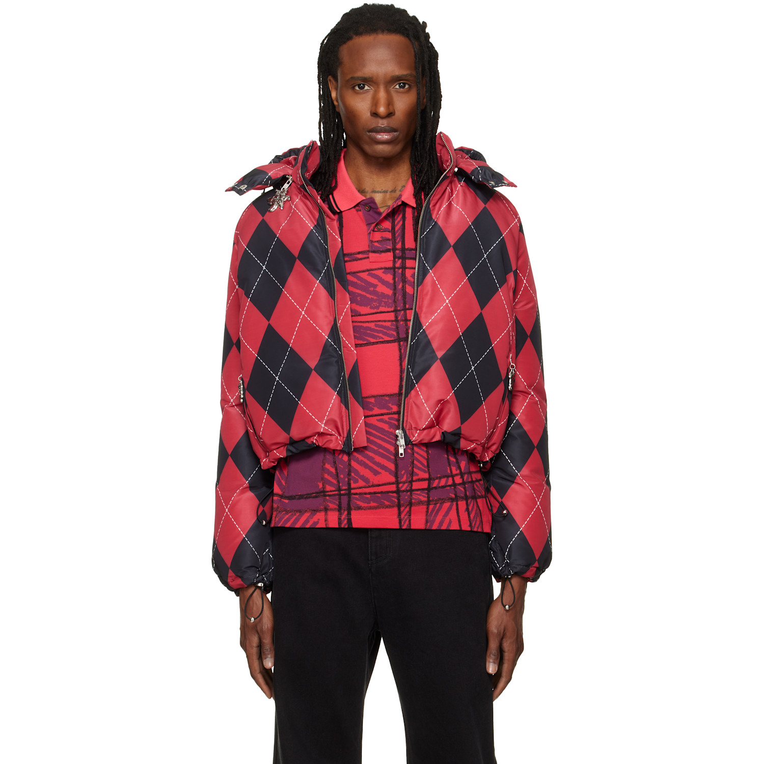 Chopova Lowena Red Argyle Puffer Jacket