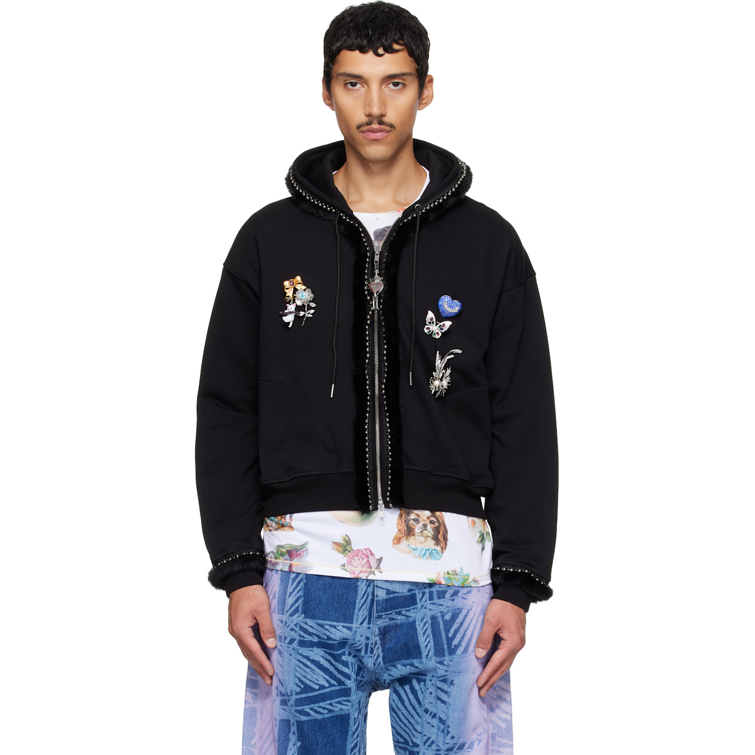 Chopova Lowena Black Fuzzy Pearl Zip Hoodie