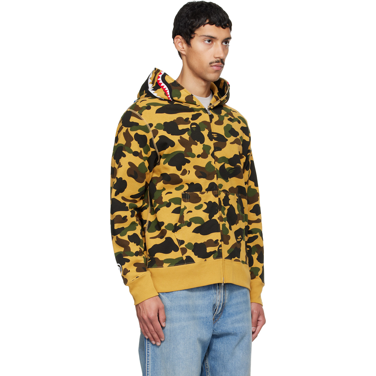 Bape 옐로우 퍼스트 카모 샤크 집업 후드