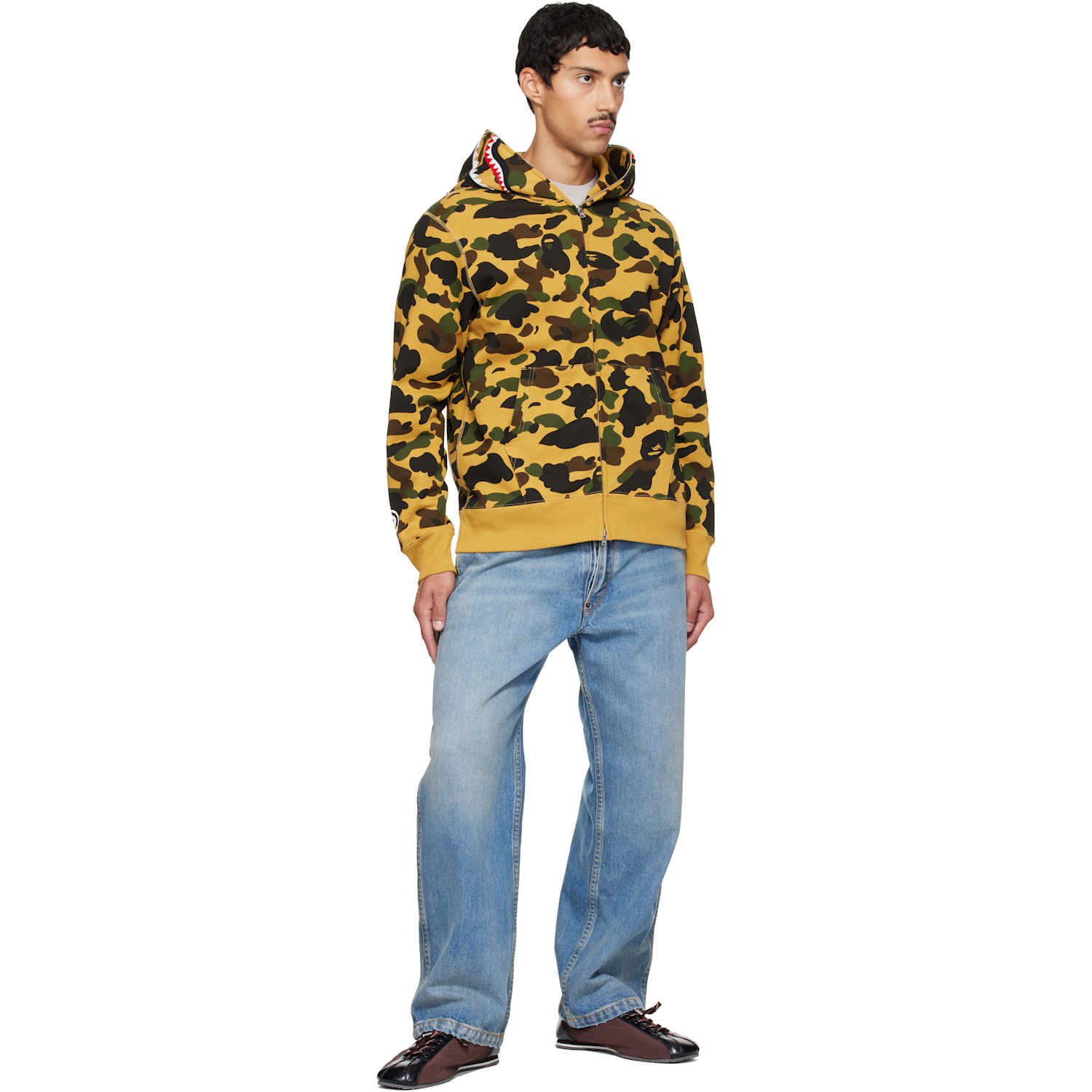Bape 옐로우 퍼스트 카모 샤크 집업 후드