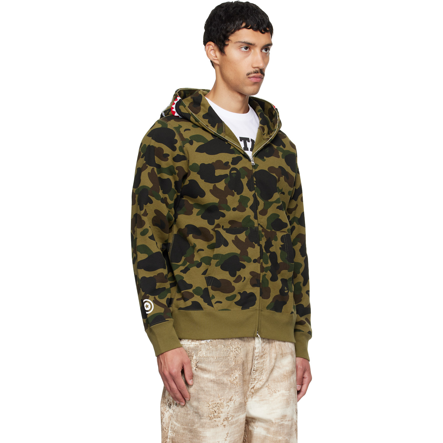 Bape 카키 퍼스트 카모 샤크 집업 후드
