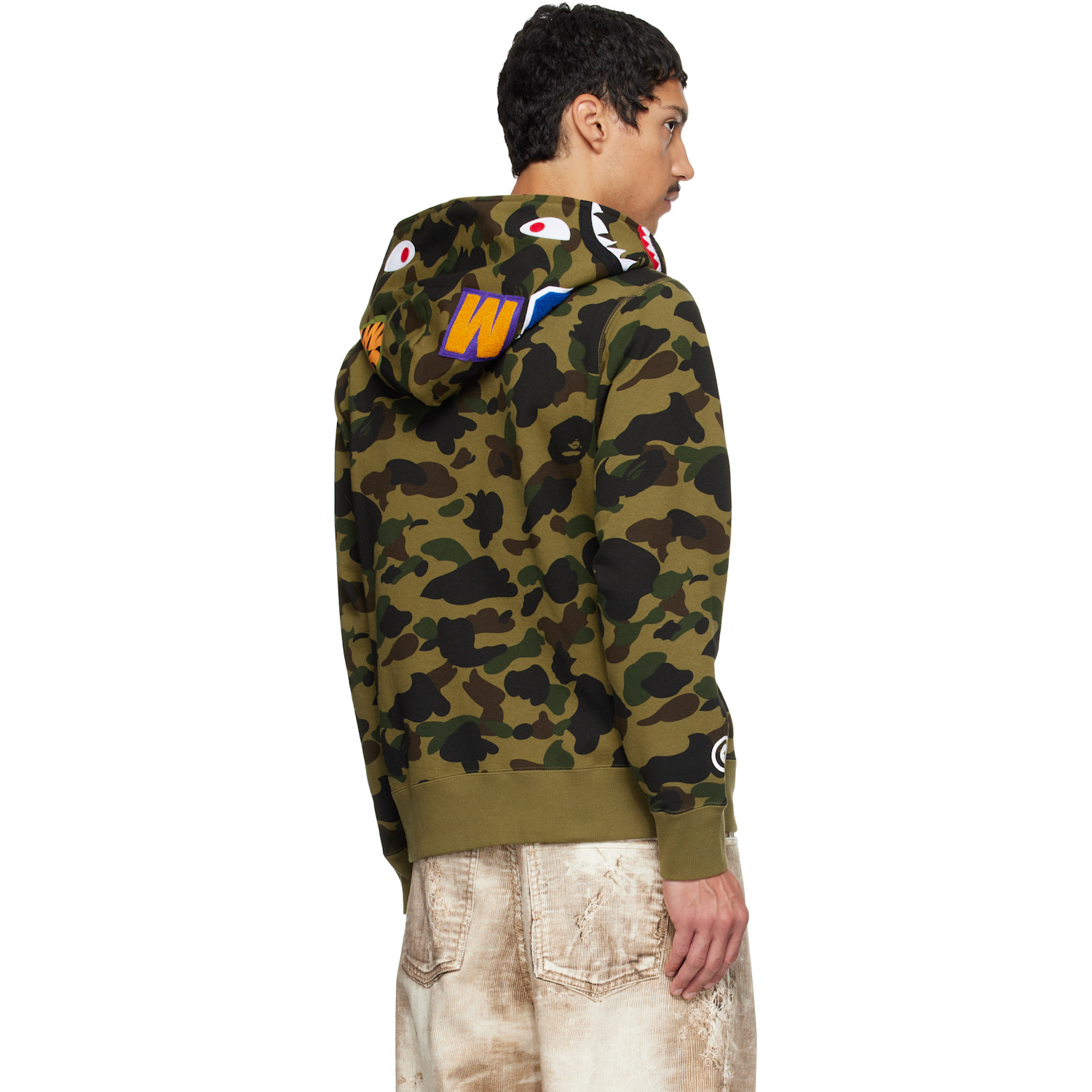 Bape 카키 퍼스트 카모 샤크 집업 후드