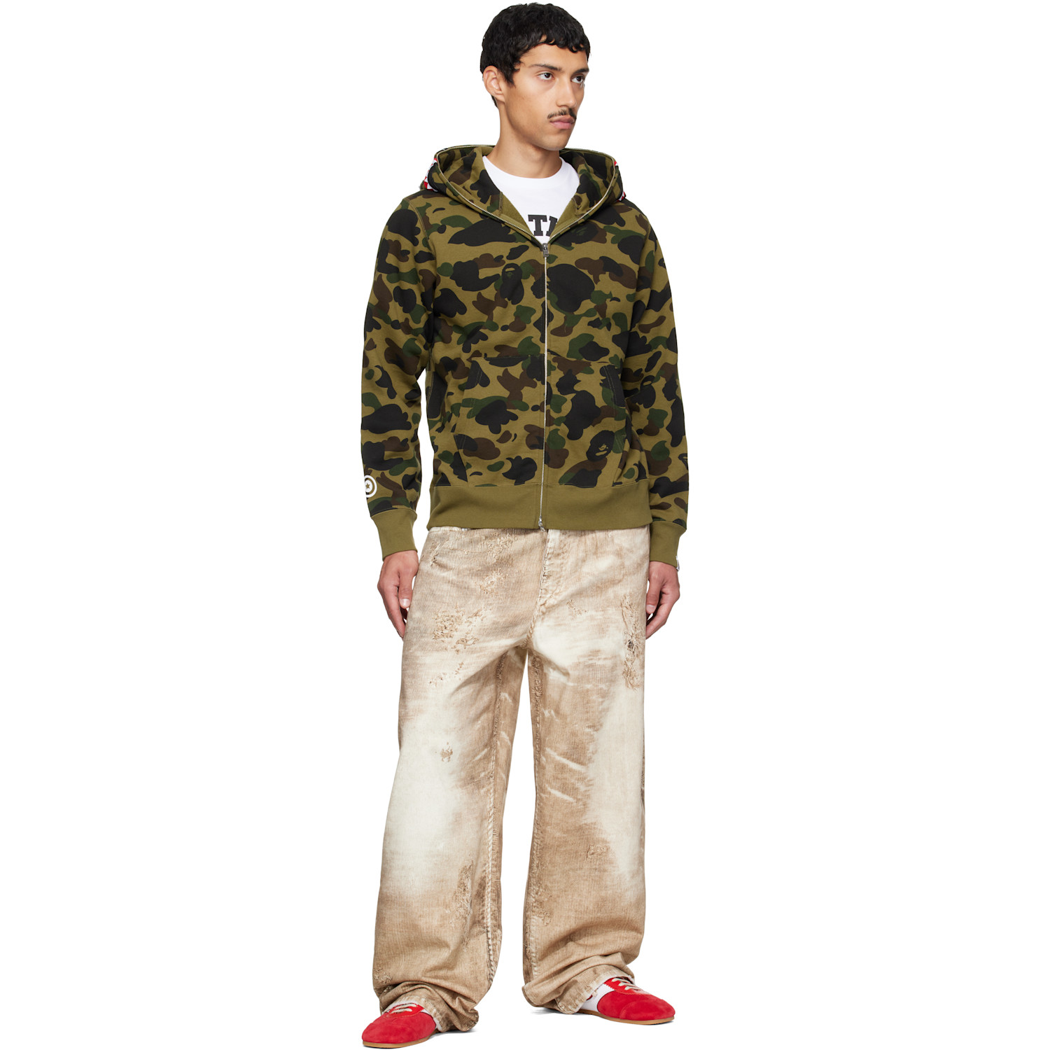 Bape 카키 퍼스트 카모 샤크 집업 후드