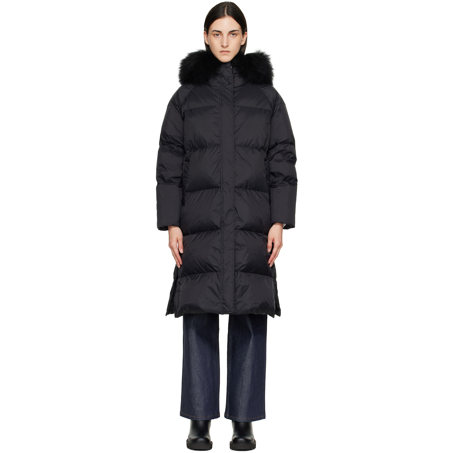 Yves Salomon Black Waterproof Technical Lambswool Trim Long Down Jacket