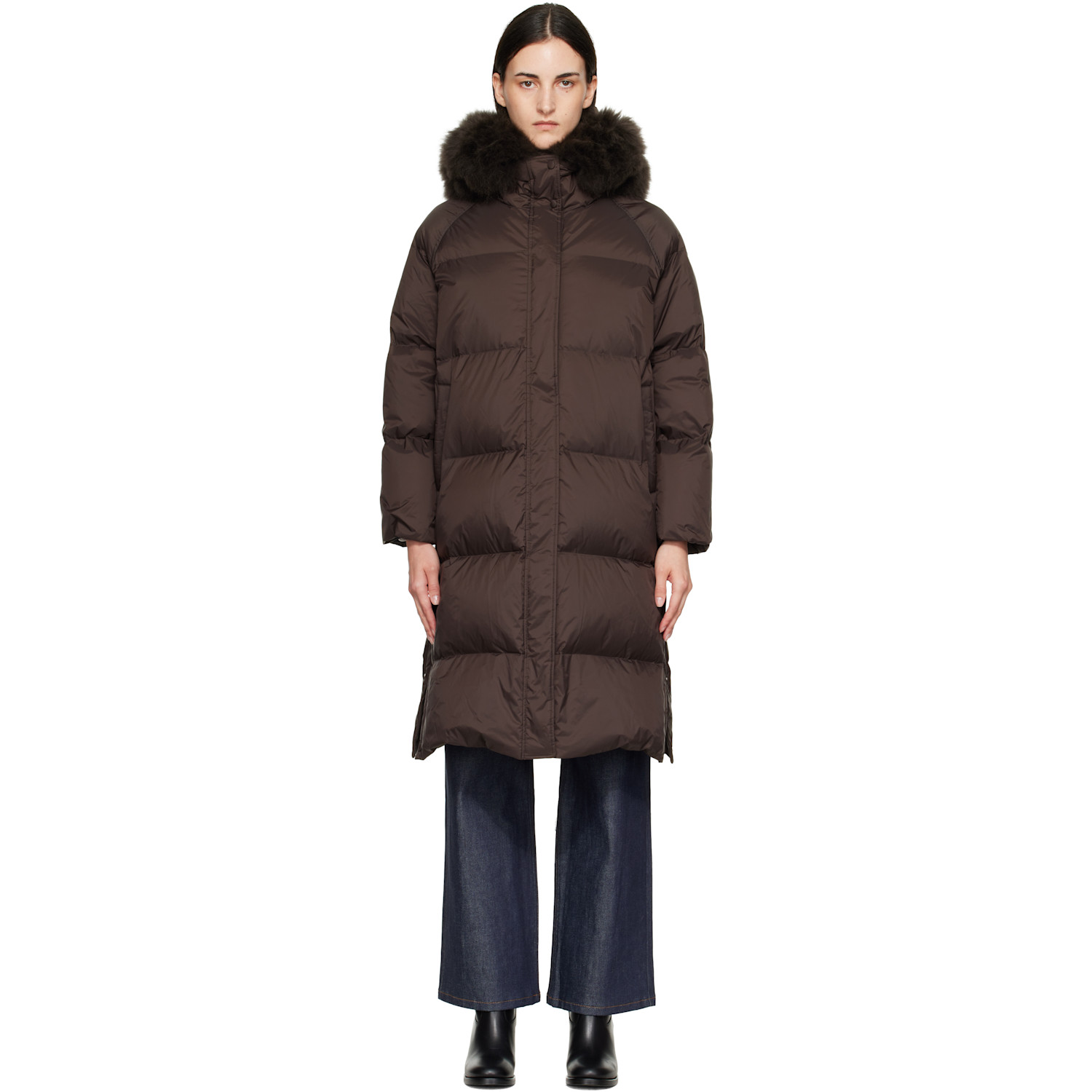 Yves Salomon Brown Waterproof Technical Lambswool Trim Long Down Jacket