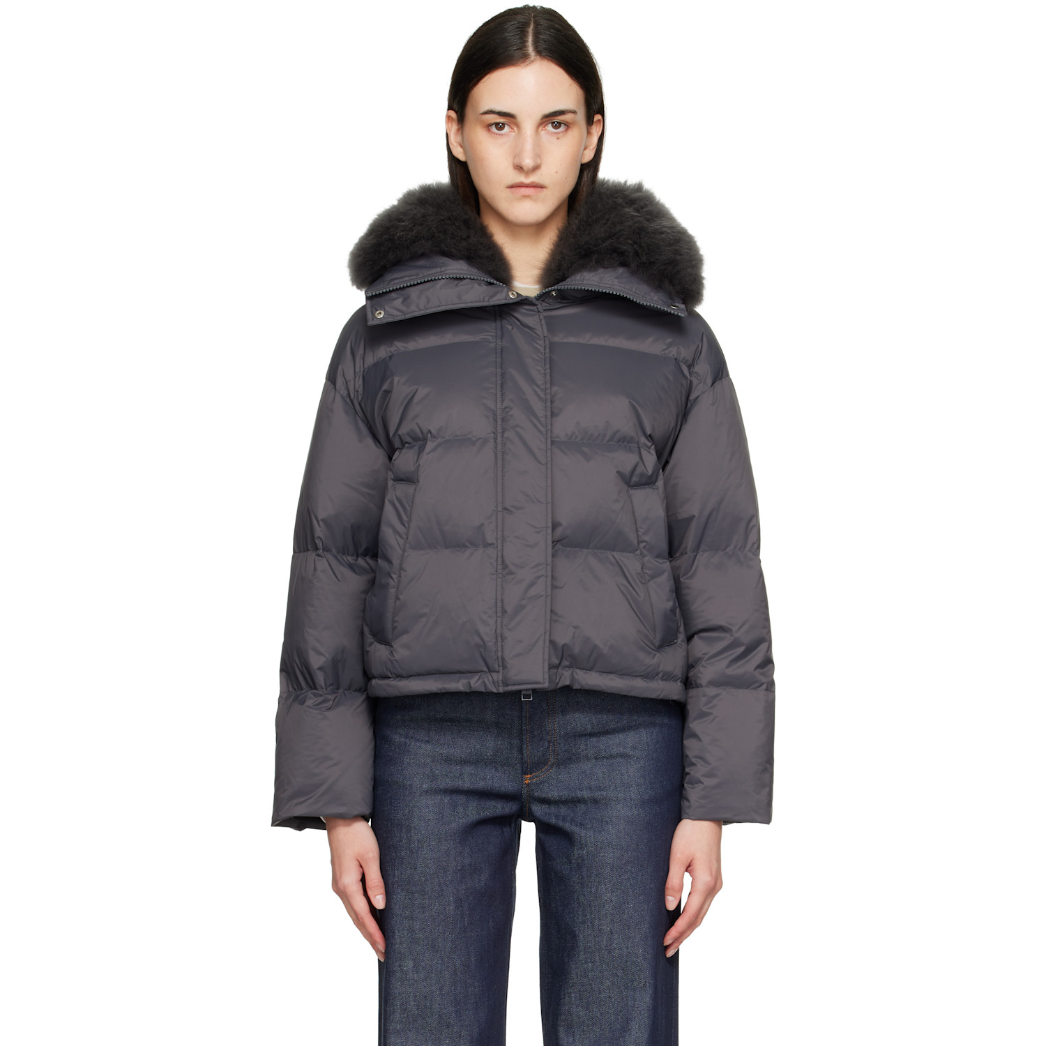 Yves Salomon Gray Waterproof Technical Lambswool Trim Short Down Jacket
