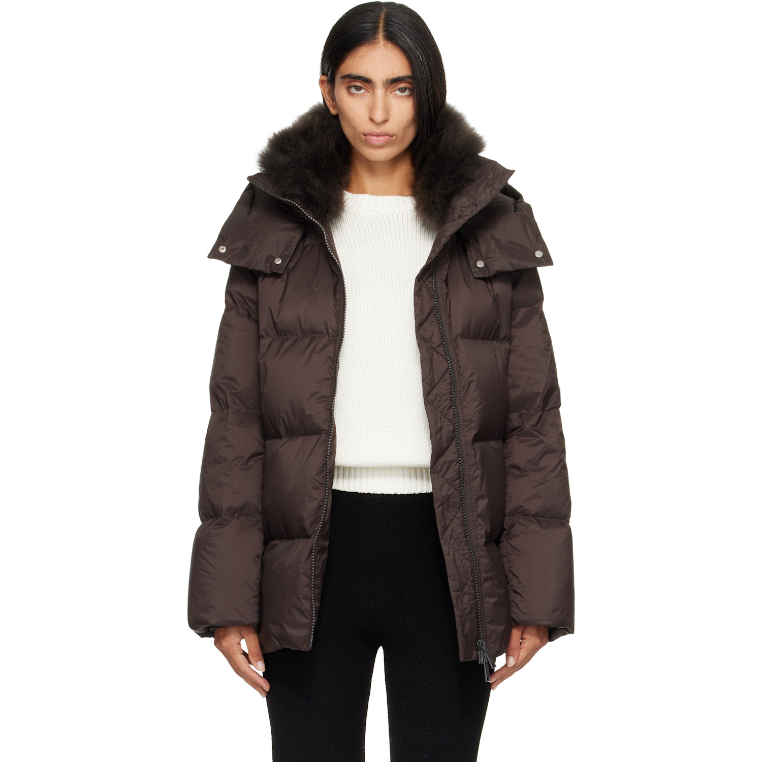 Yves Salomon Brown Waterproof Technical Lambswool Trim A-Line Down Jacket