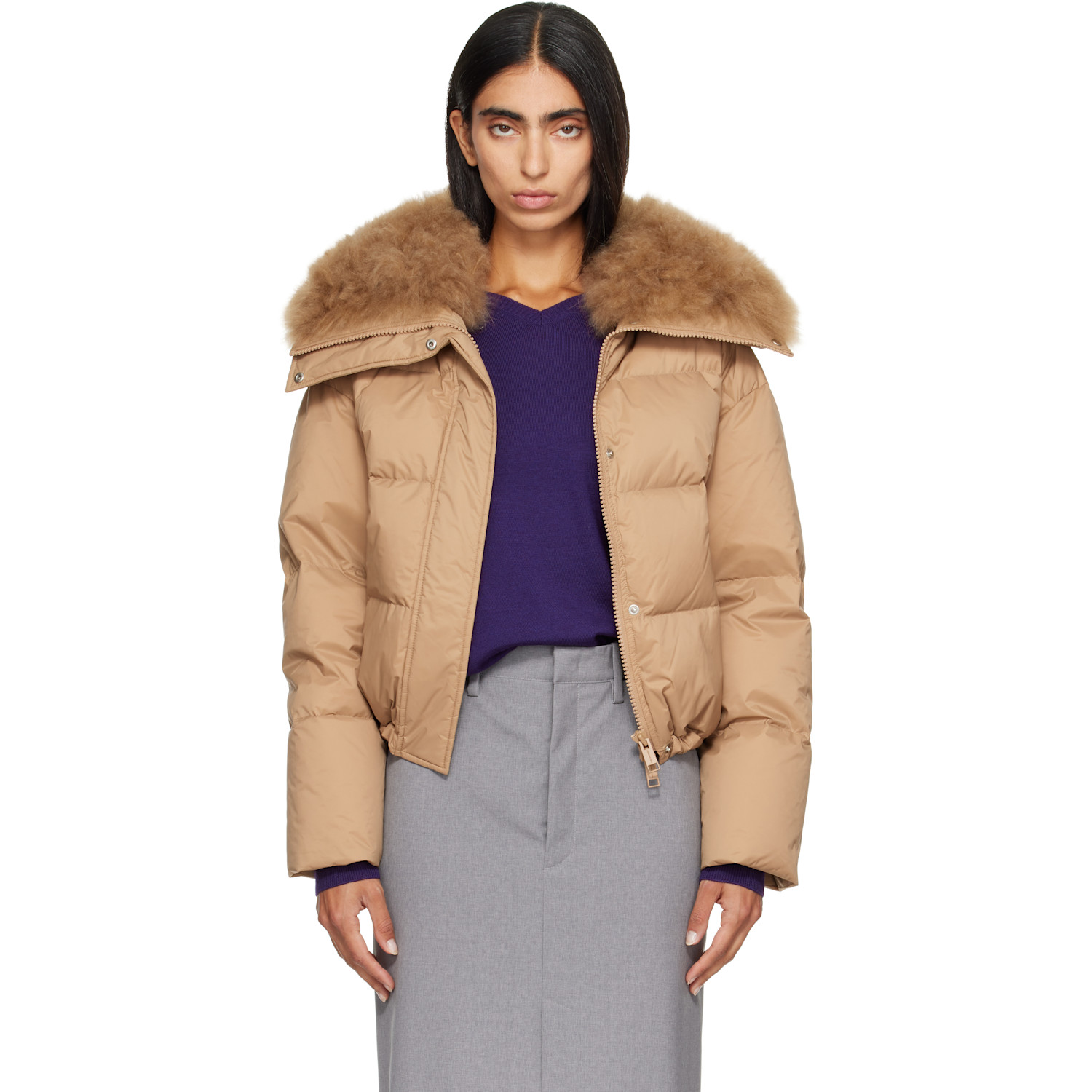 Yves Salomon Beige Waterproof Technical Lambswool Trim Short Down Jacket