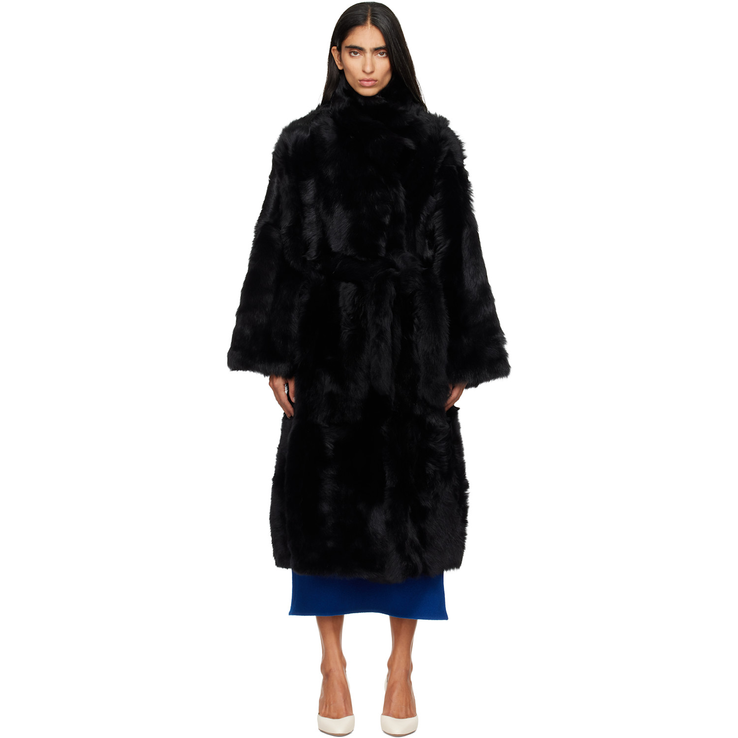 Yves Salomon Black Belted Faux-Fur Coat
