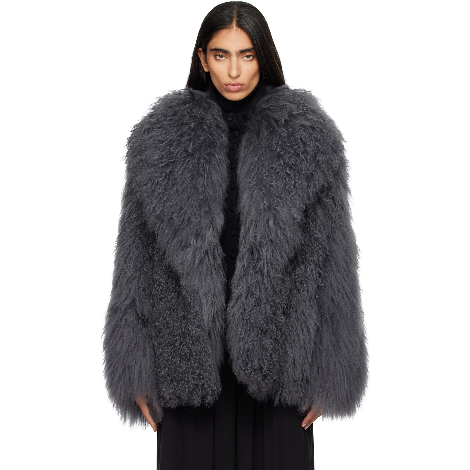 Yves Salomon Gray Oversized Shearling Coat