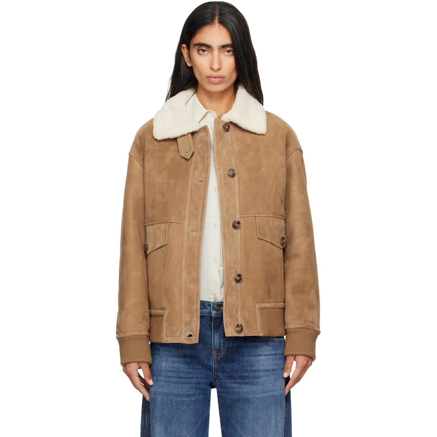 Yves Salomon Beige Shearling Trim Suede Jacket