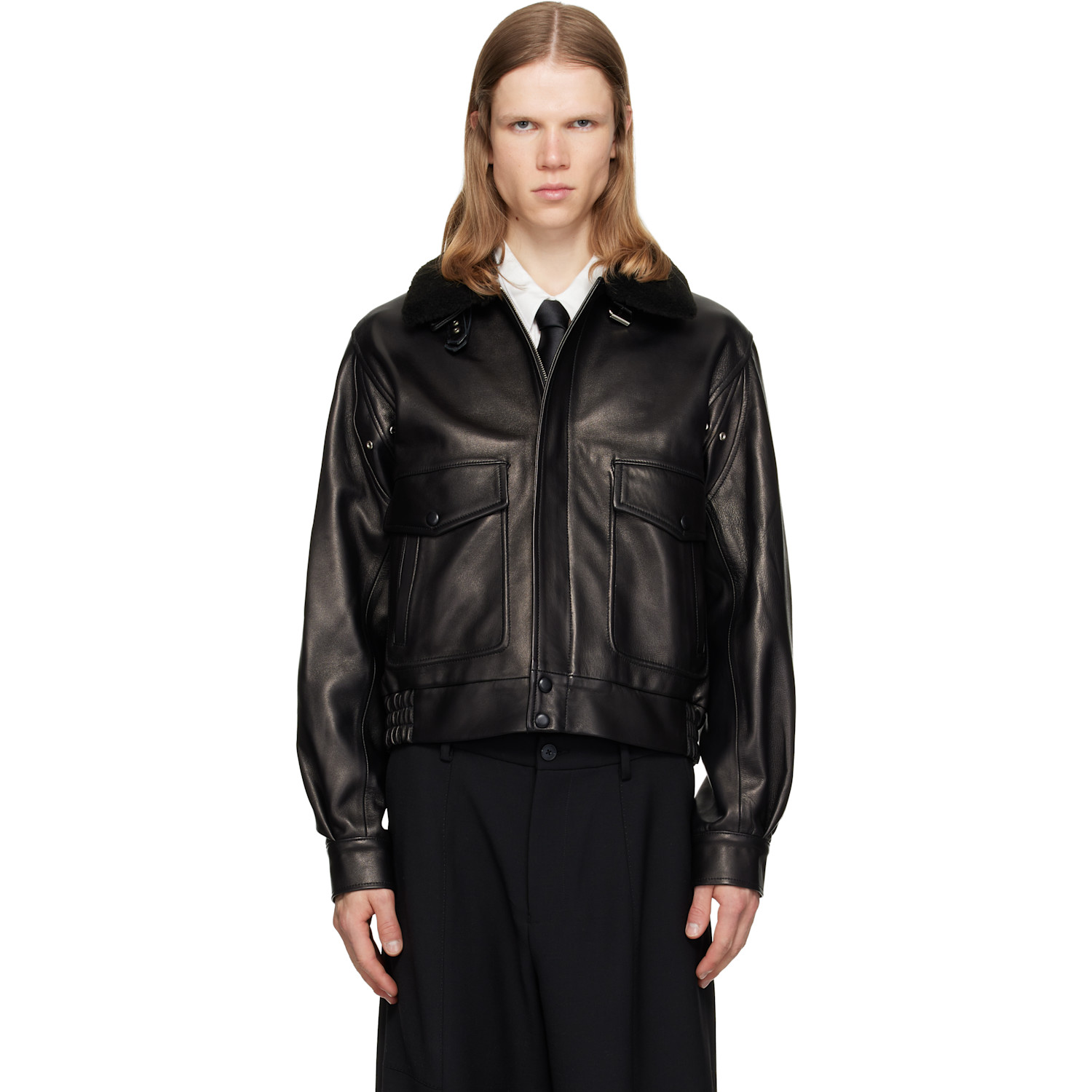 Ernest W Baker Black Aviator Leather Bomber Jacket