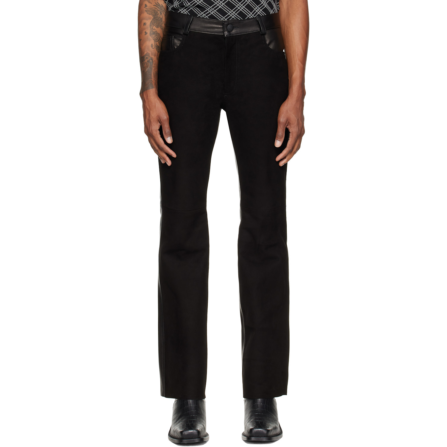 Ernest W. Baker Black Five Pocket Leather & Suede Trousers