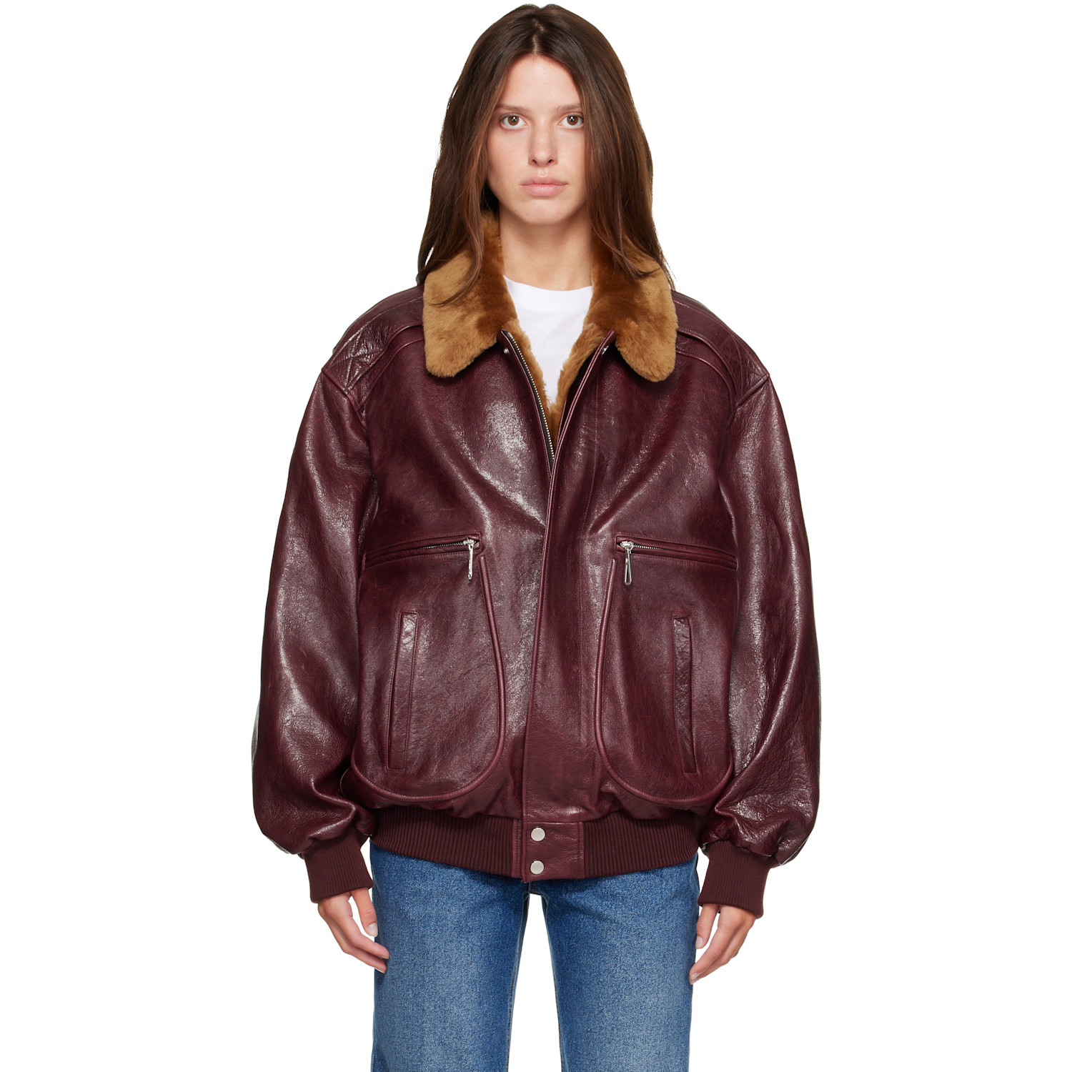 Rabanne Burgundy Textured Leather Bomber Jacket