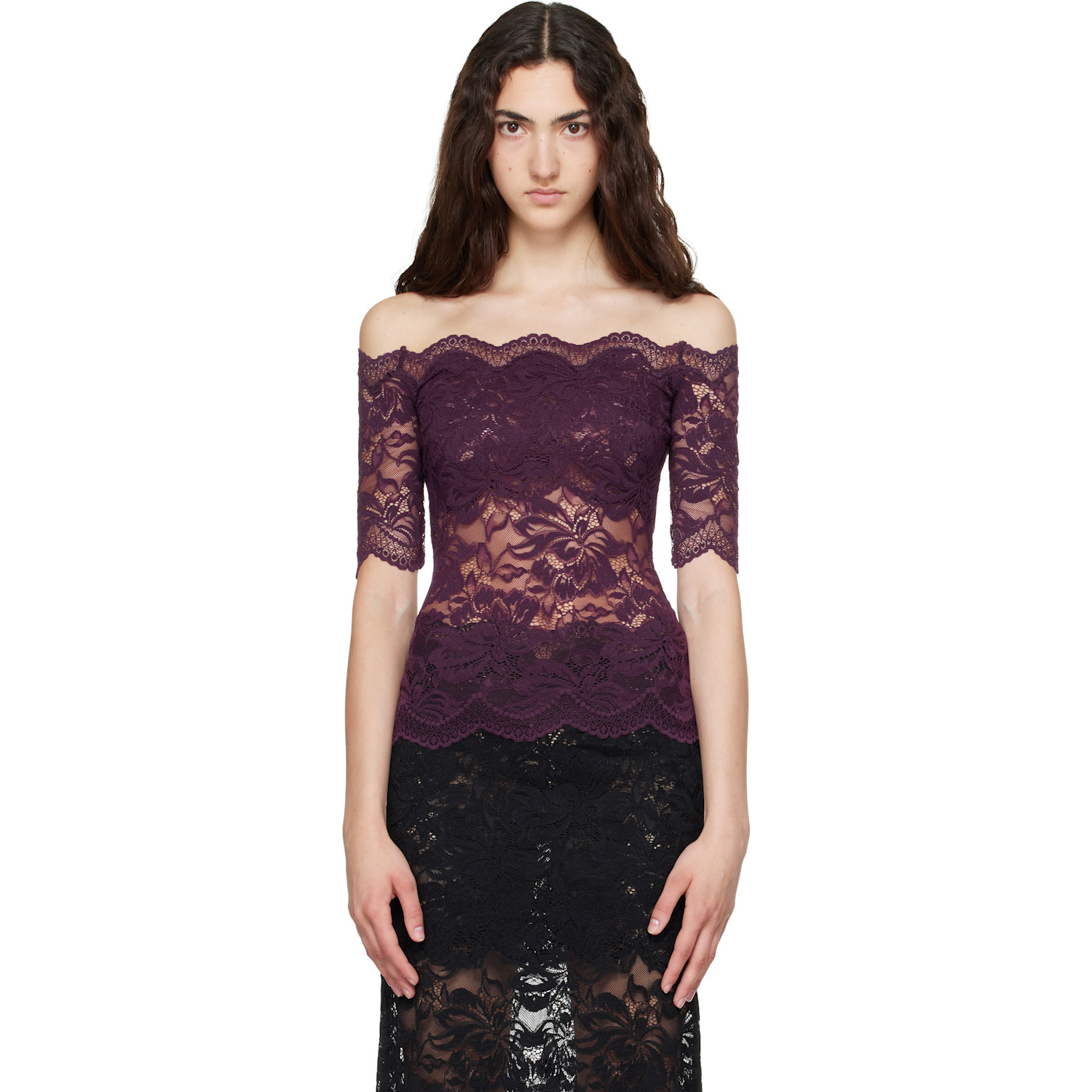 Rabanne Purple Short-Sleeve Layered Lace Top