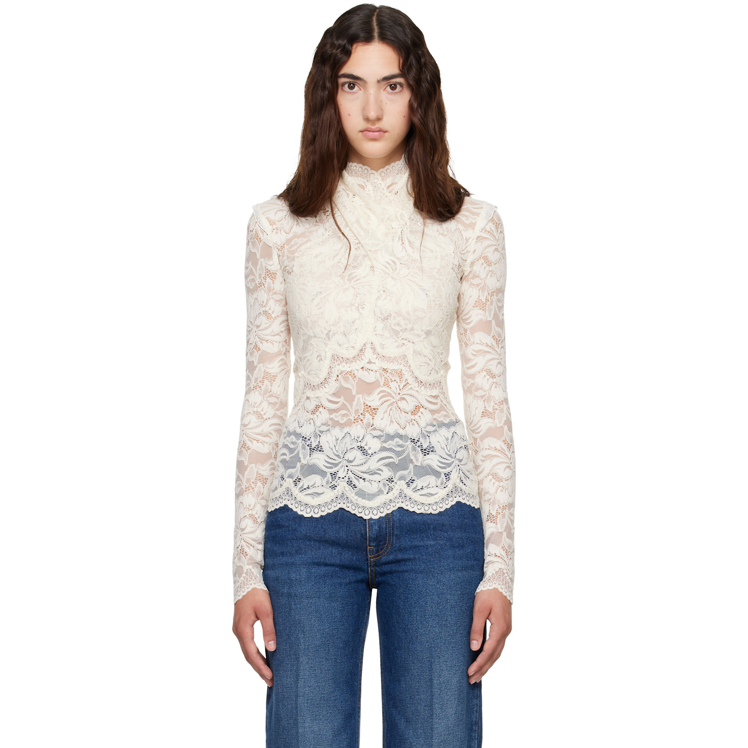 Rabanne Off-White Long Sleeved Lace Cut-Out Blouse