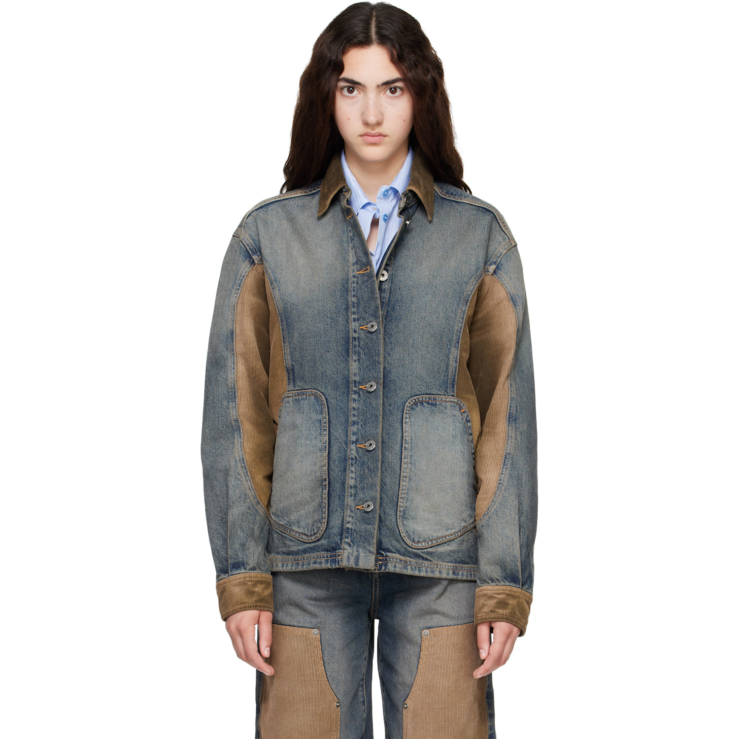 Off-White Navy & Brown Corduroy Patch Denim Jacket